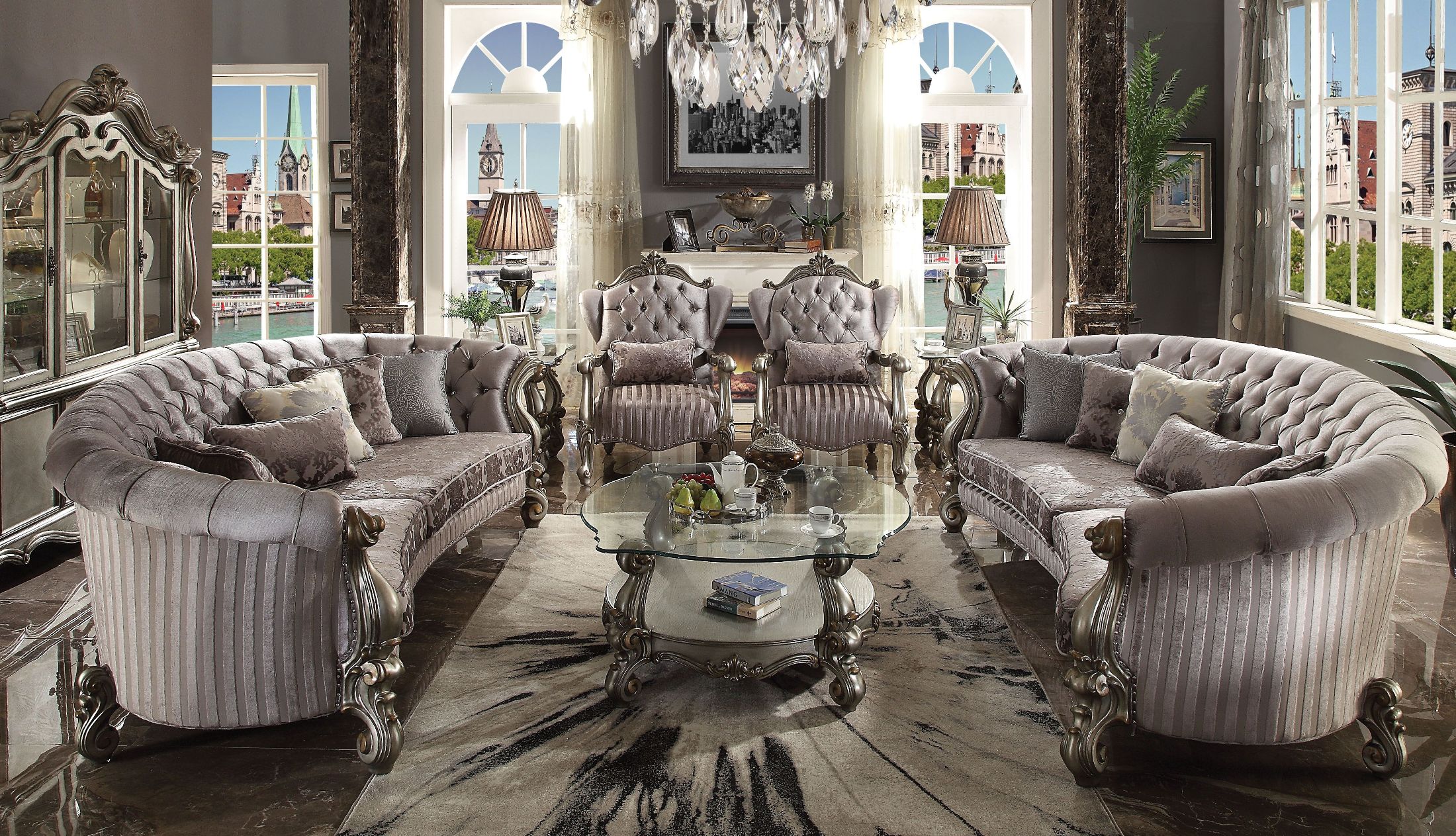 Versailles Velvet And Antique Platinum Living Room Set