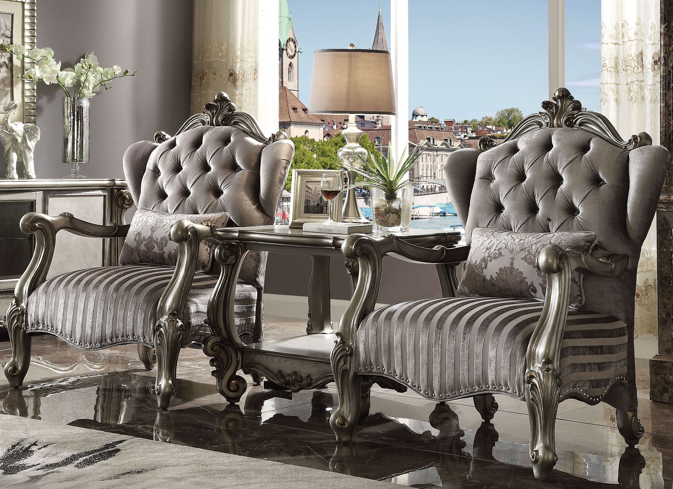 Versailles Velvet And Antique Platinum Wingback Living Room Set