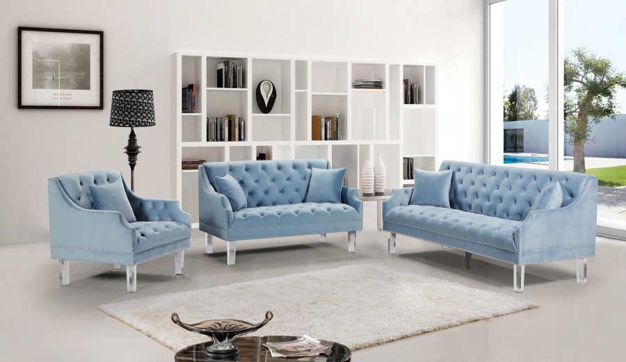 Meridian Roxy 2pc Velvet Living Room Set In Sky Blue 1stopbedrooms