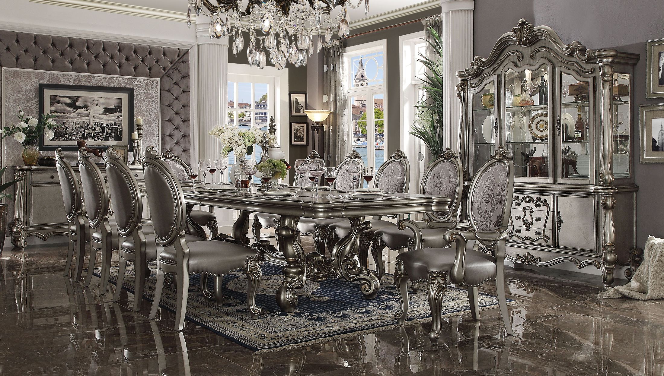 Versailles Antique Platinum Extendable Dining Room Set 1stopbedrooms