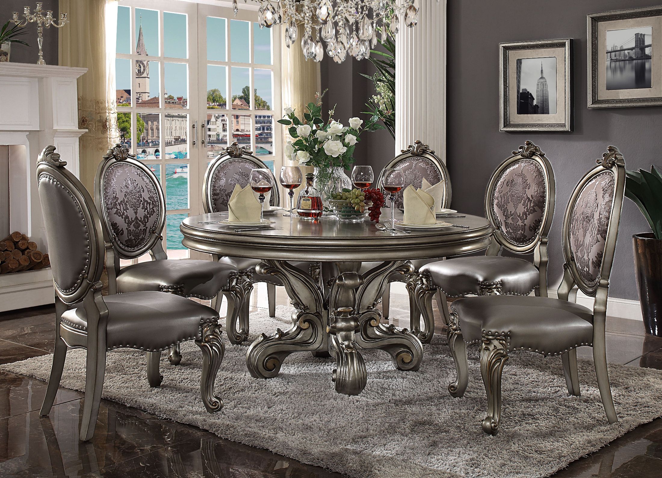 Versailles Antique Platinum Round Pedestal Dining Room Set 1stopbedrooms