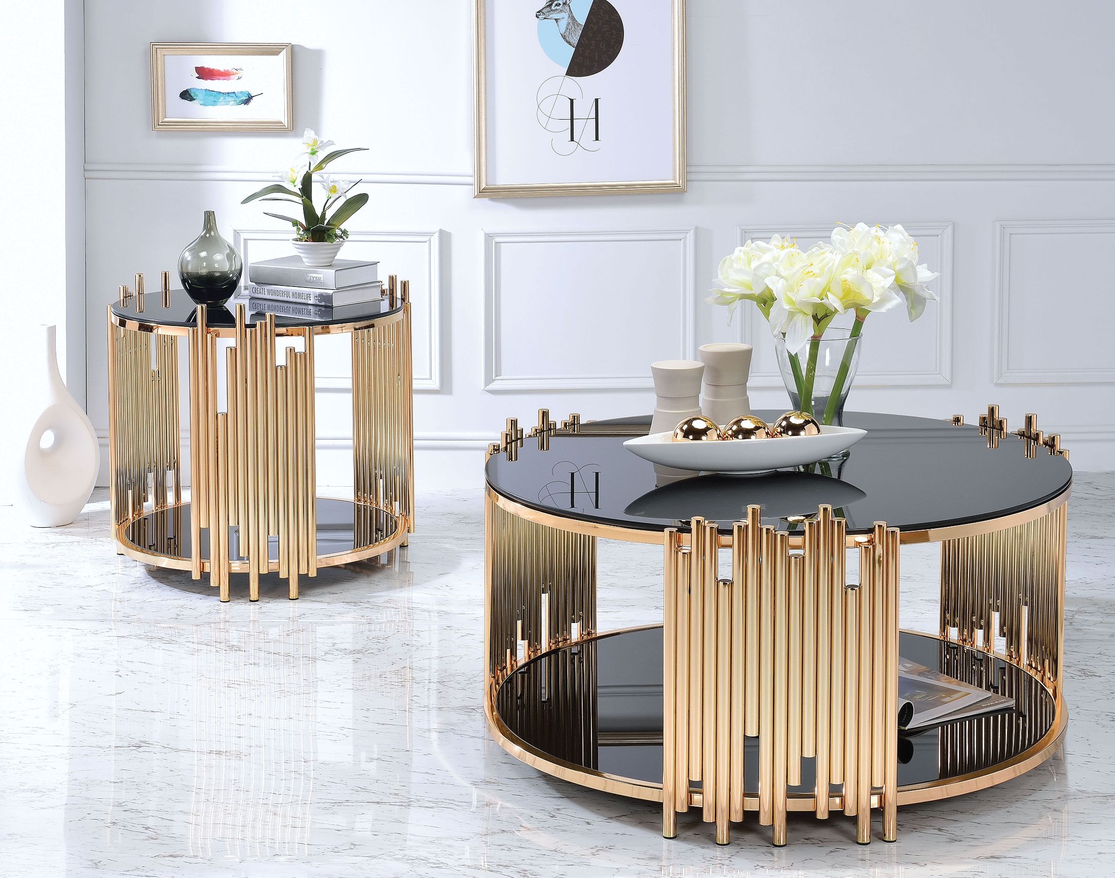 Tanquin Gold And Black Glass Occasional Table Set 1stopbedrooms
