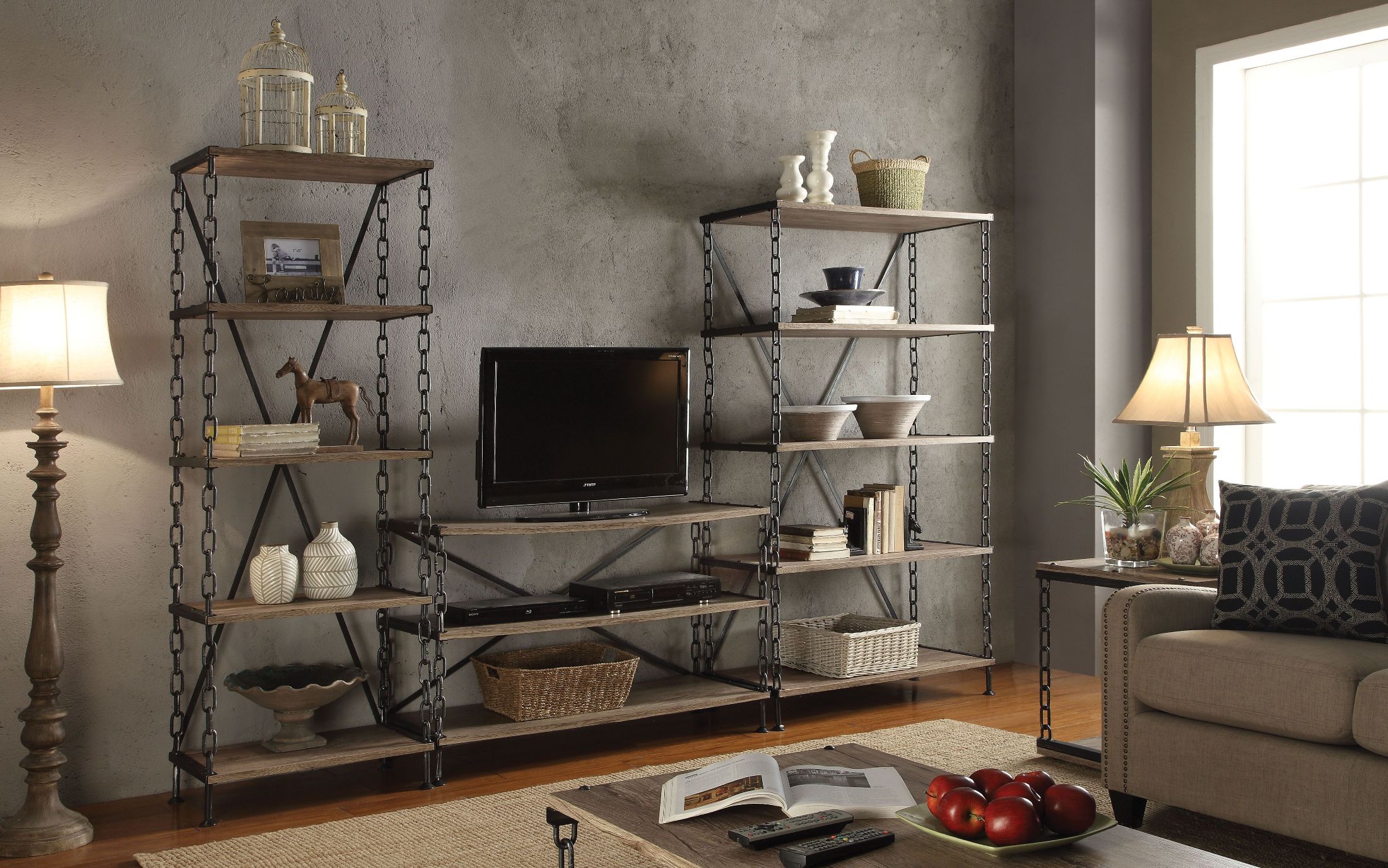 Jodie Rustic Oak And Antique Black Entertainment Wall Unit