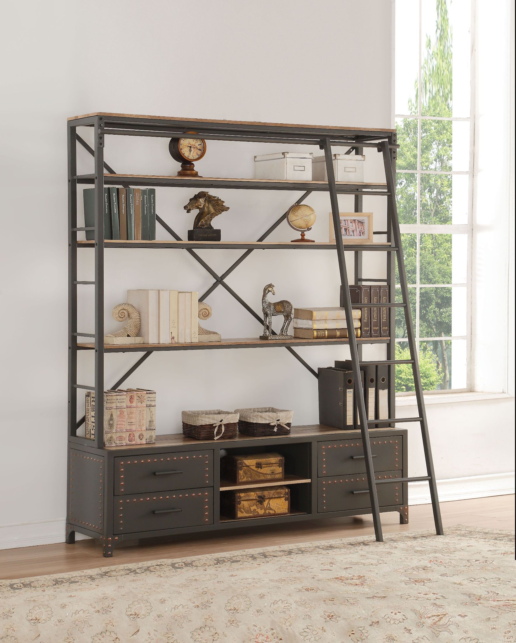 Actaki Sandy Gray Bookshelf With Rolling Ladder 1stopbedrooms