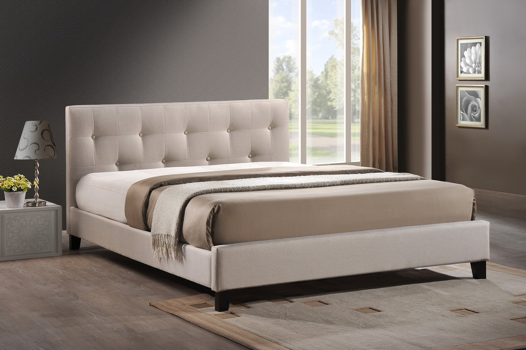 Baxton Studio Annette Light Beige Linen Modern Bed With Upholstered Headboard Queen Size 1stopbedrooms