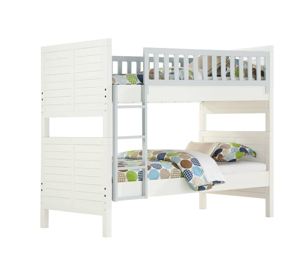 grey and white bunk beds