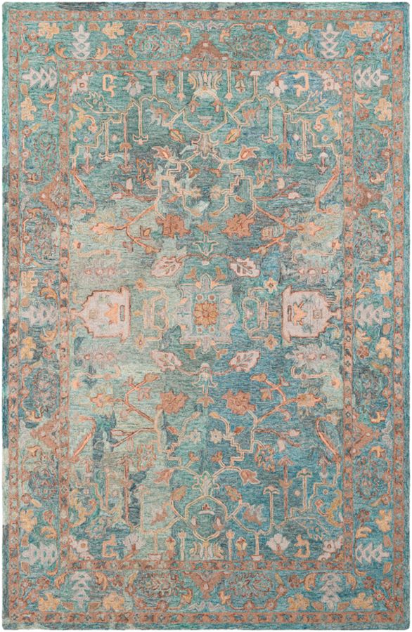 Surya Classic Nouveau Aqua Grass Green Taupe Wool Area Rug 90x60 1stopbedrooms