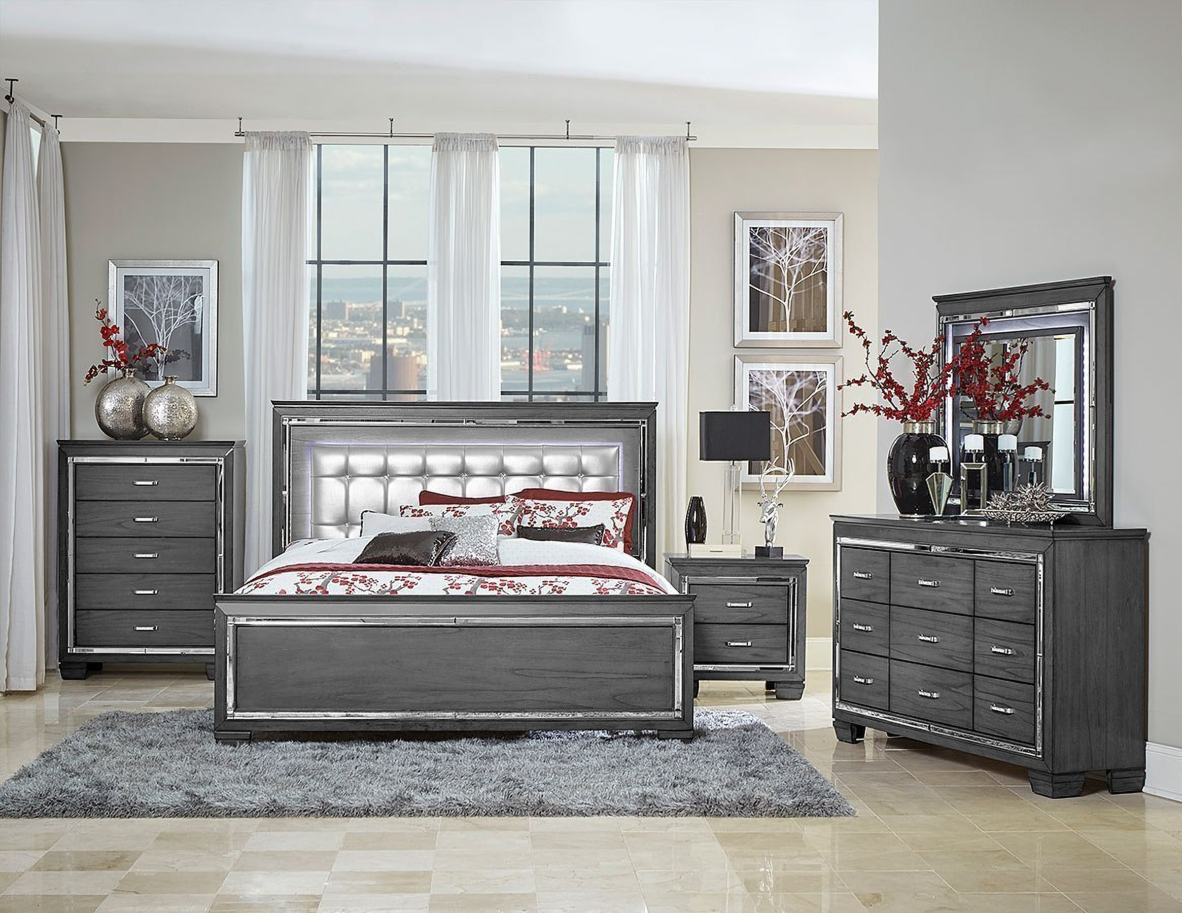 Allura Gray Panel Bedroom Set w/ LED Lighting - 1StopBedrooms.