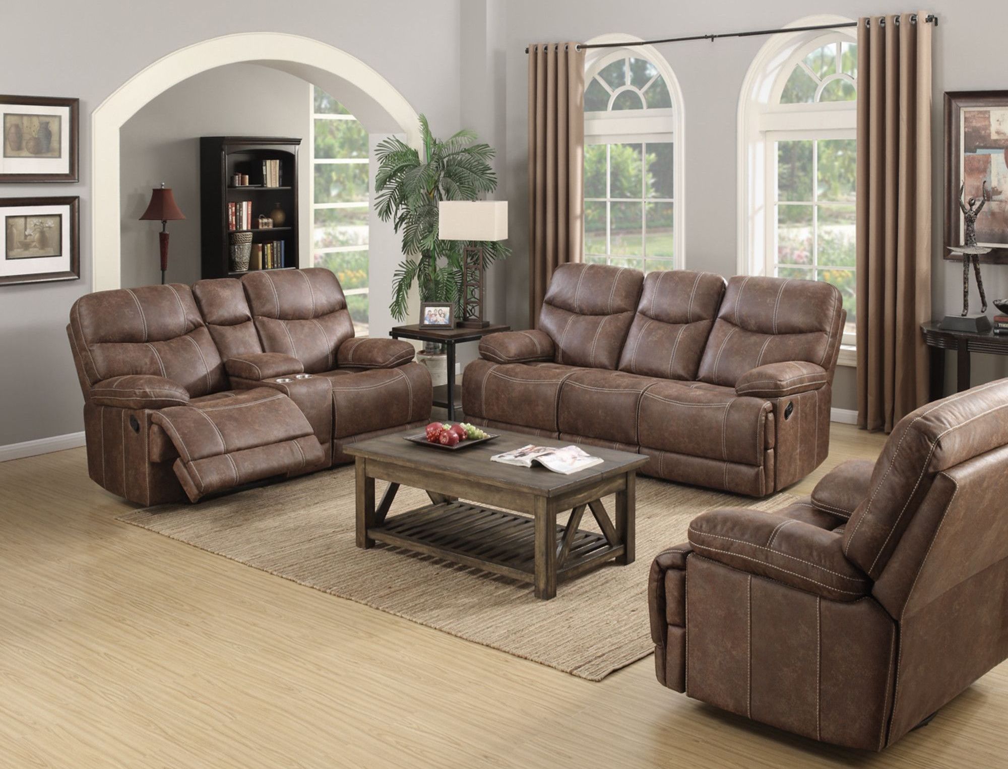 Earl Sanded Microfiber Brown Reclining Living Room Set