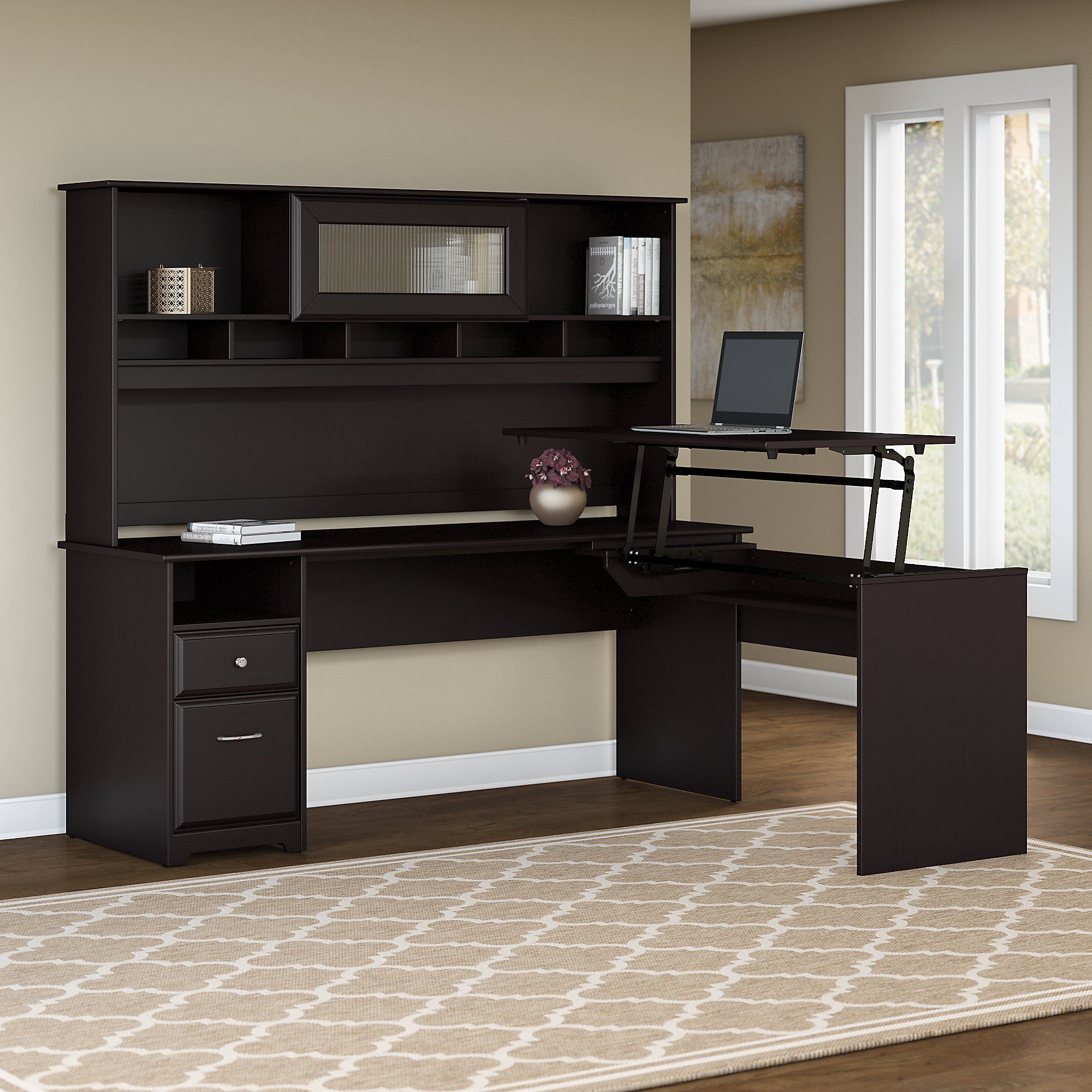 Cabot Espresso Oak Sit To Stand Desk With Hutch 1stopbedrooms