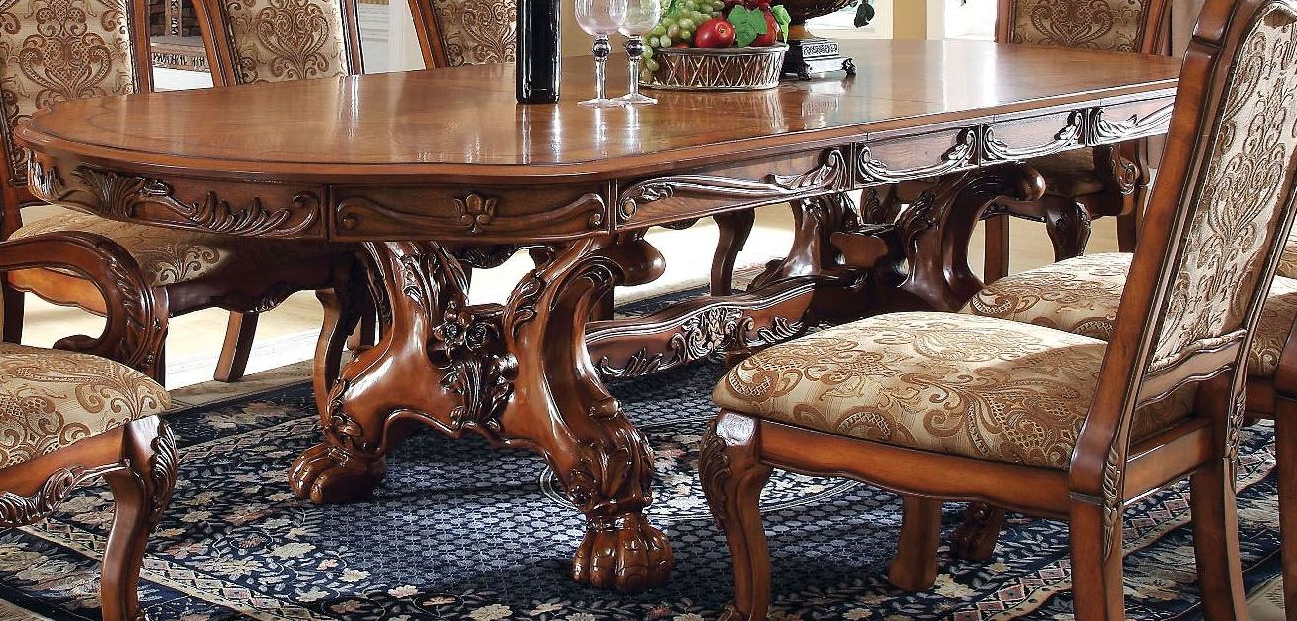 Medieve Antique Oak Rectangular Extendable Trestle Dining Room Set