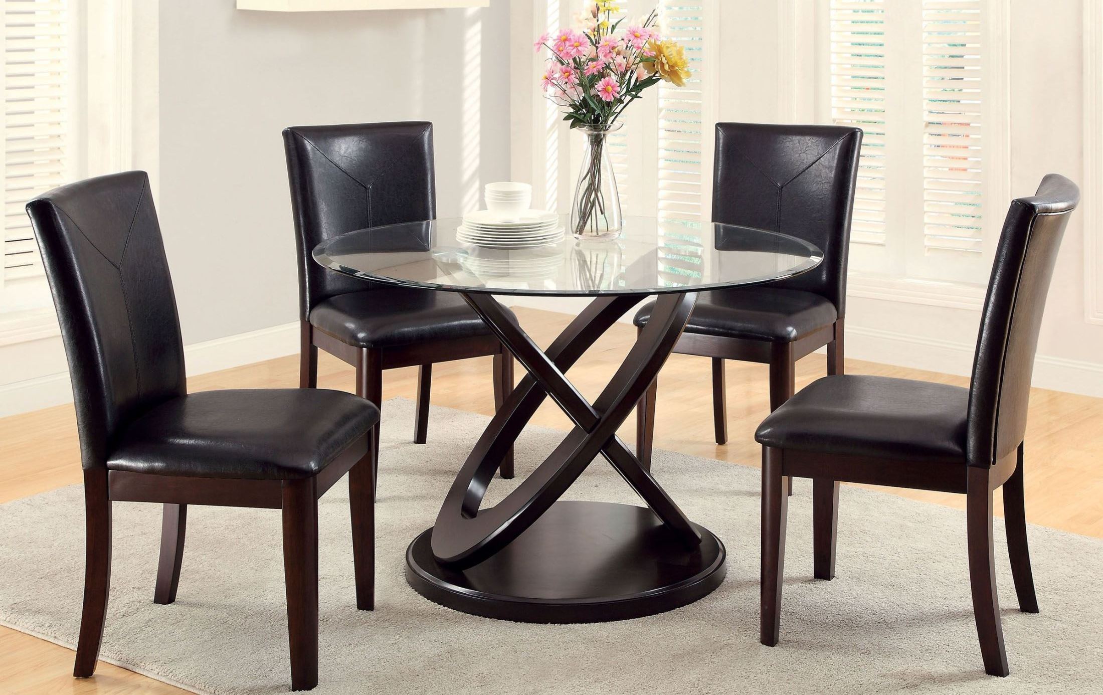 Atenna I Dark Walnut Glass Top Round Pedestal Dining Room Set