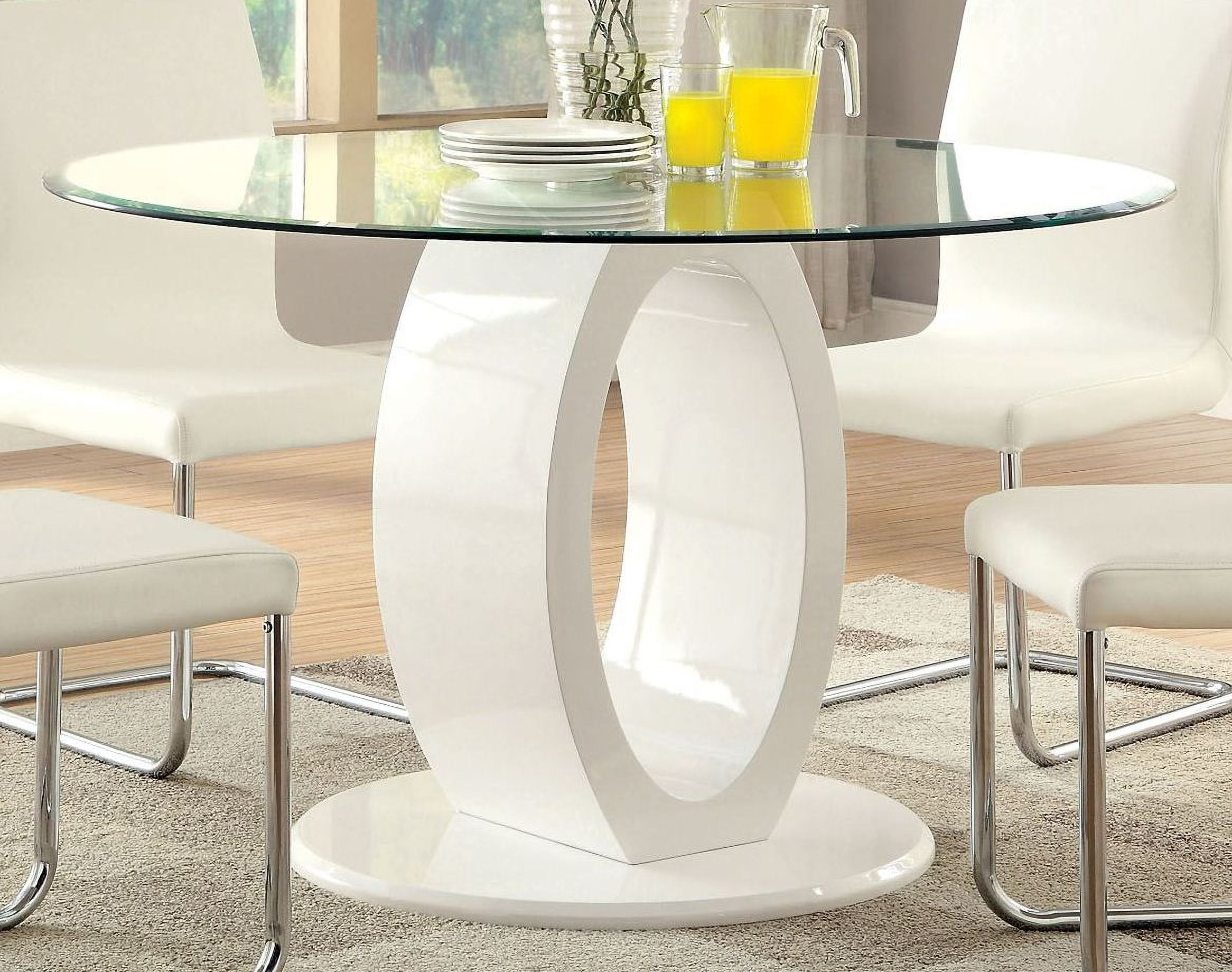 Lodia I White Glass Top Round Pedestal Dining Room Set