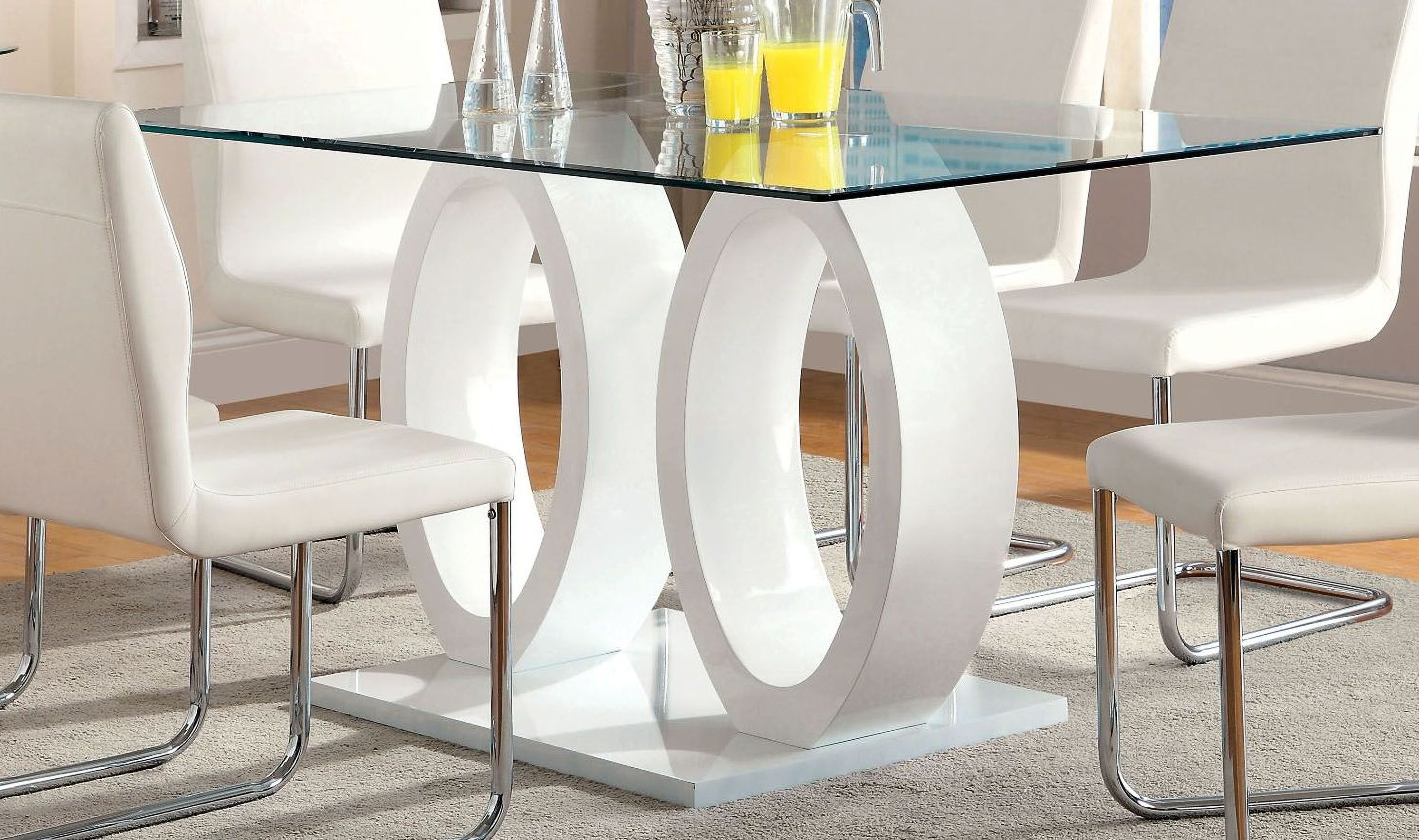 Lodia I White Glass Top Rectangular Pedestal Dining Room Set 1stopbedrooms