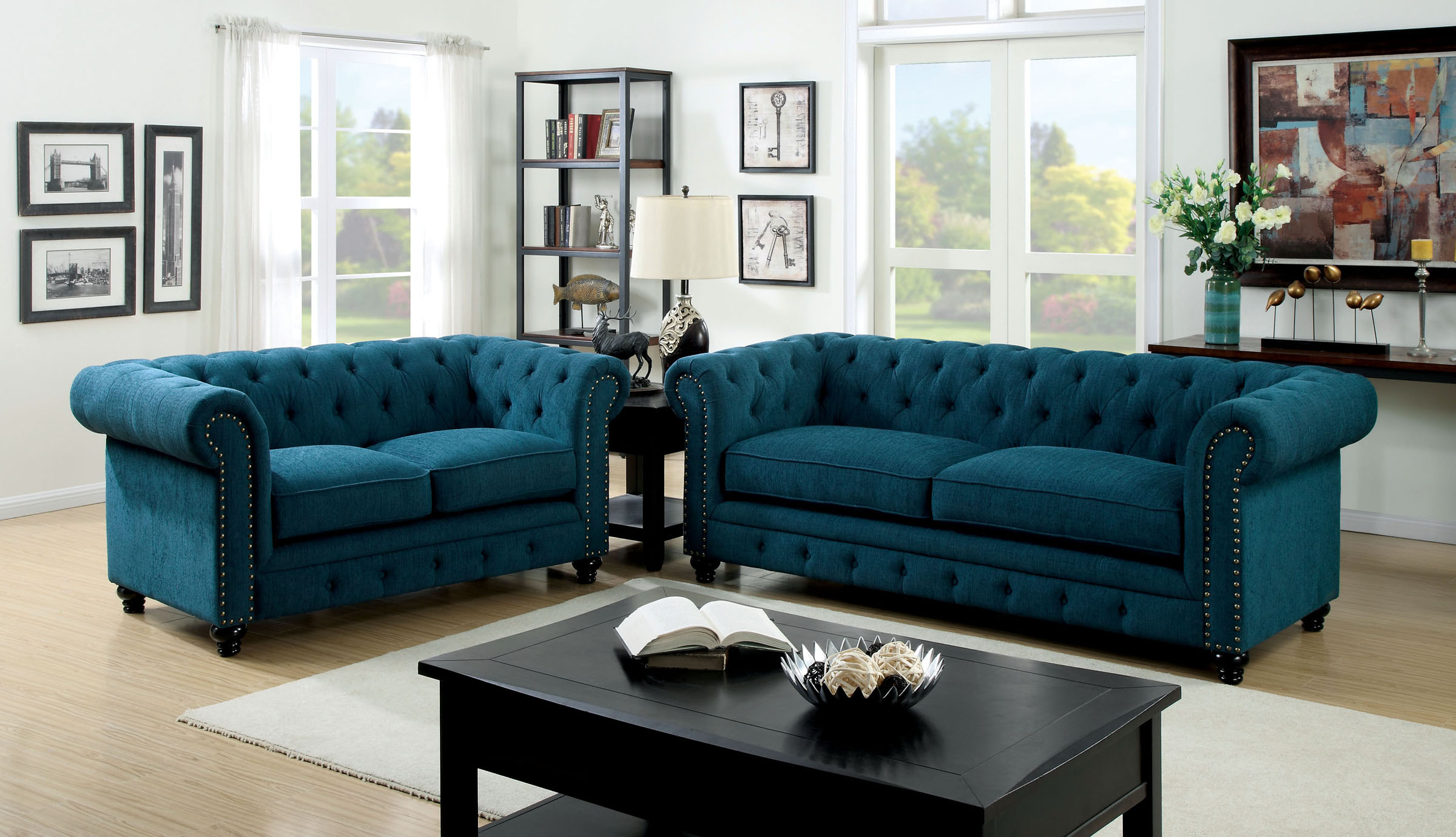 Stanford Dark Teal Fabric Living Room Set 1stopbedrooms