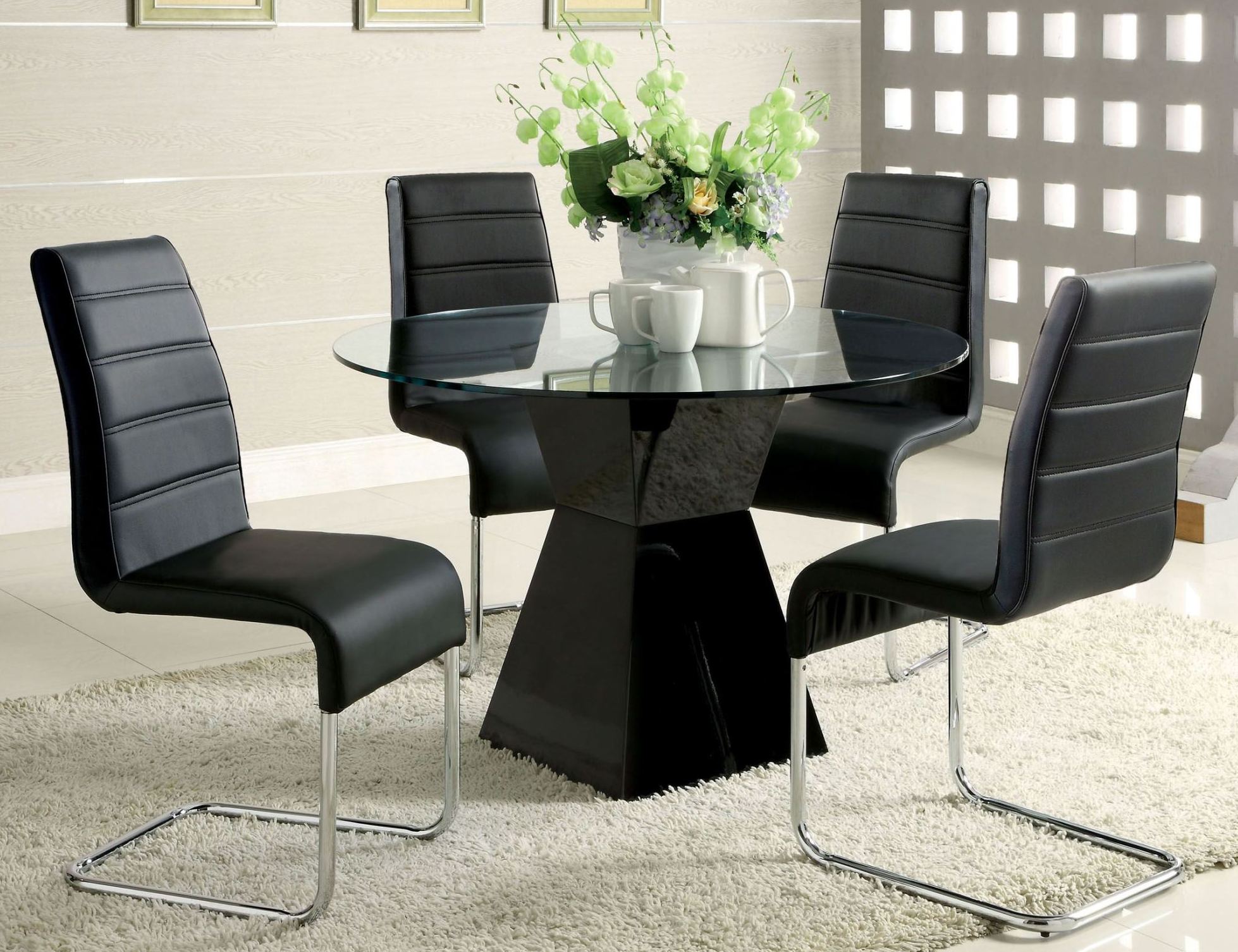 Mauna Black Glass Top Round Pedestal Dining Room Set 1stopbedrooms
