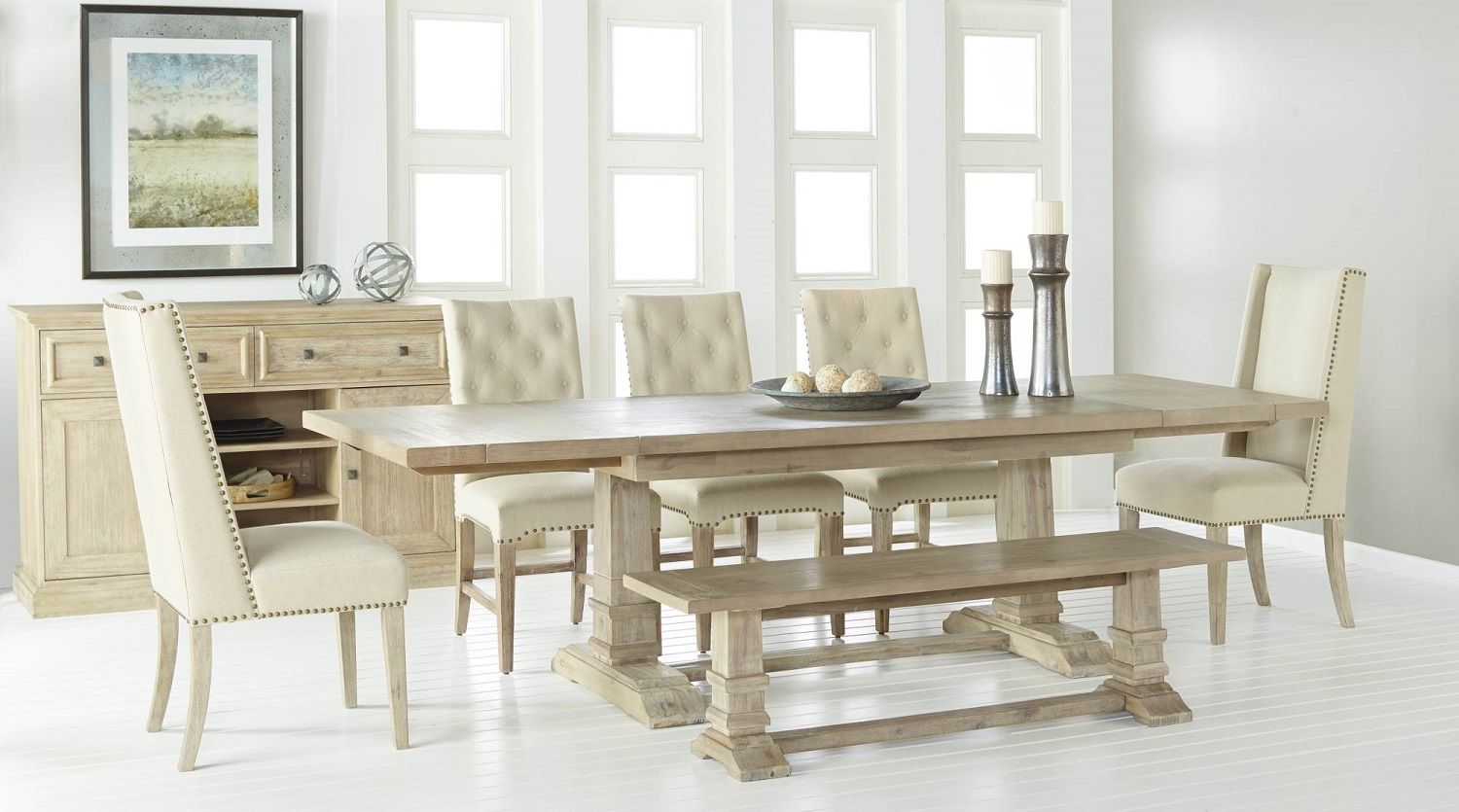 Hudson Stone Wash Rectangular Extendable Trestle Dining Room Set With Wilshire Dining Chairs
