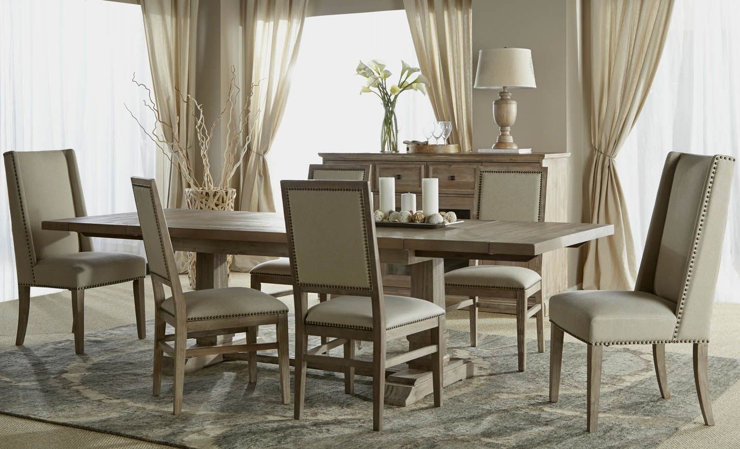 Hudson Stone Wash Rectangular Extendable Trestle Dining Room Set With Dexter Dining Chairs