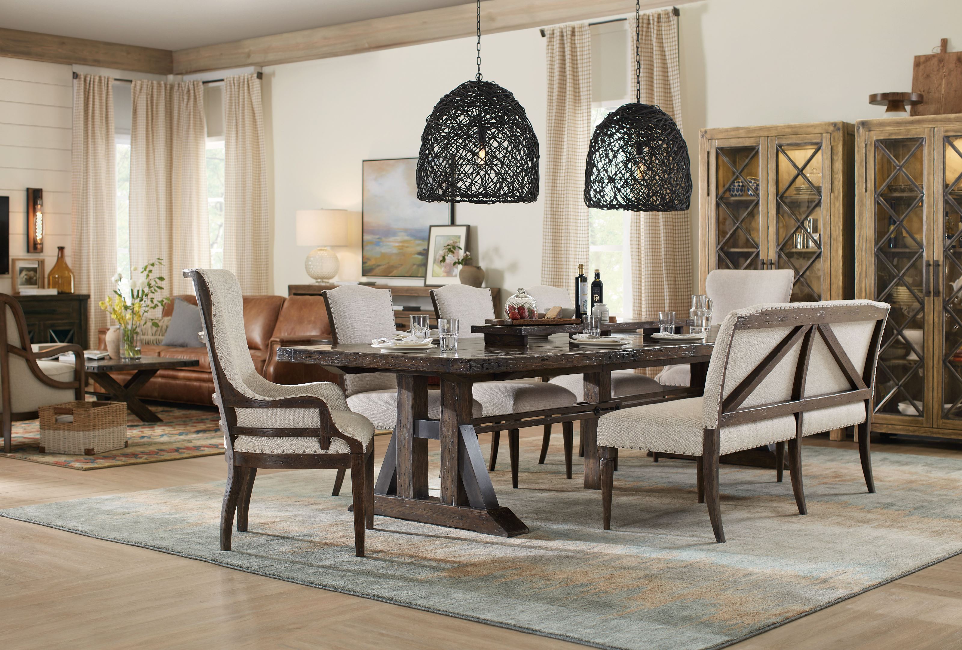 Roslyn County Dark Wood Trestle Extendable Dining Room Set