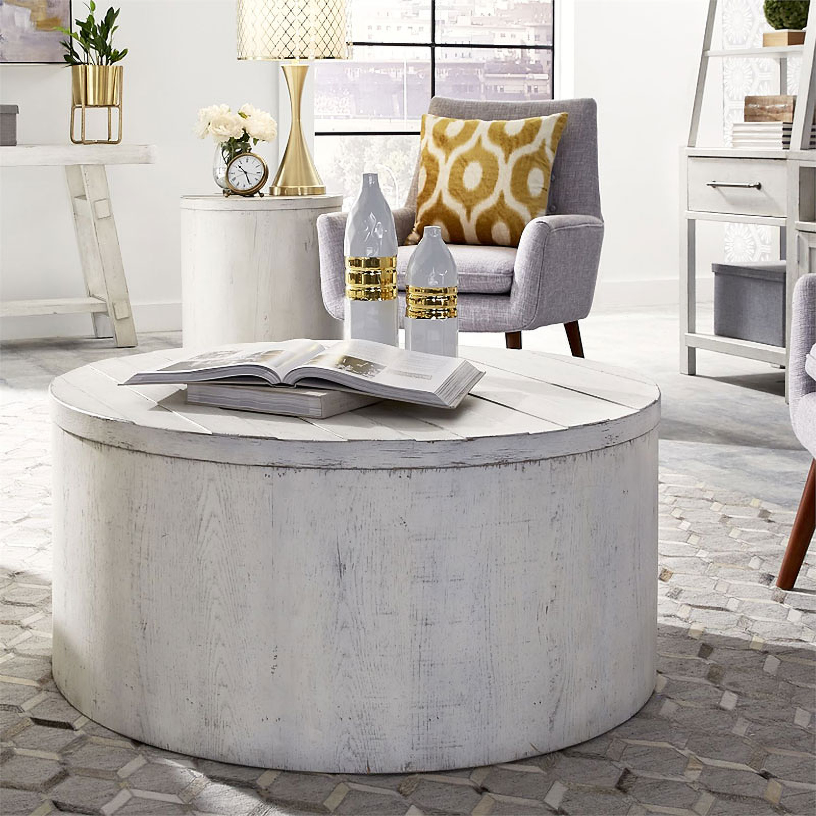 Modern Farmhouse Drum Occasional Table Set Aged White
