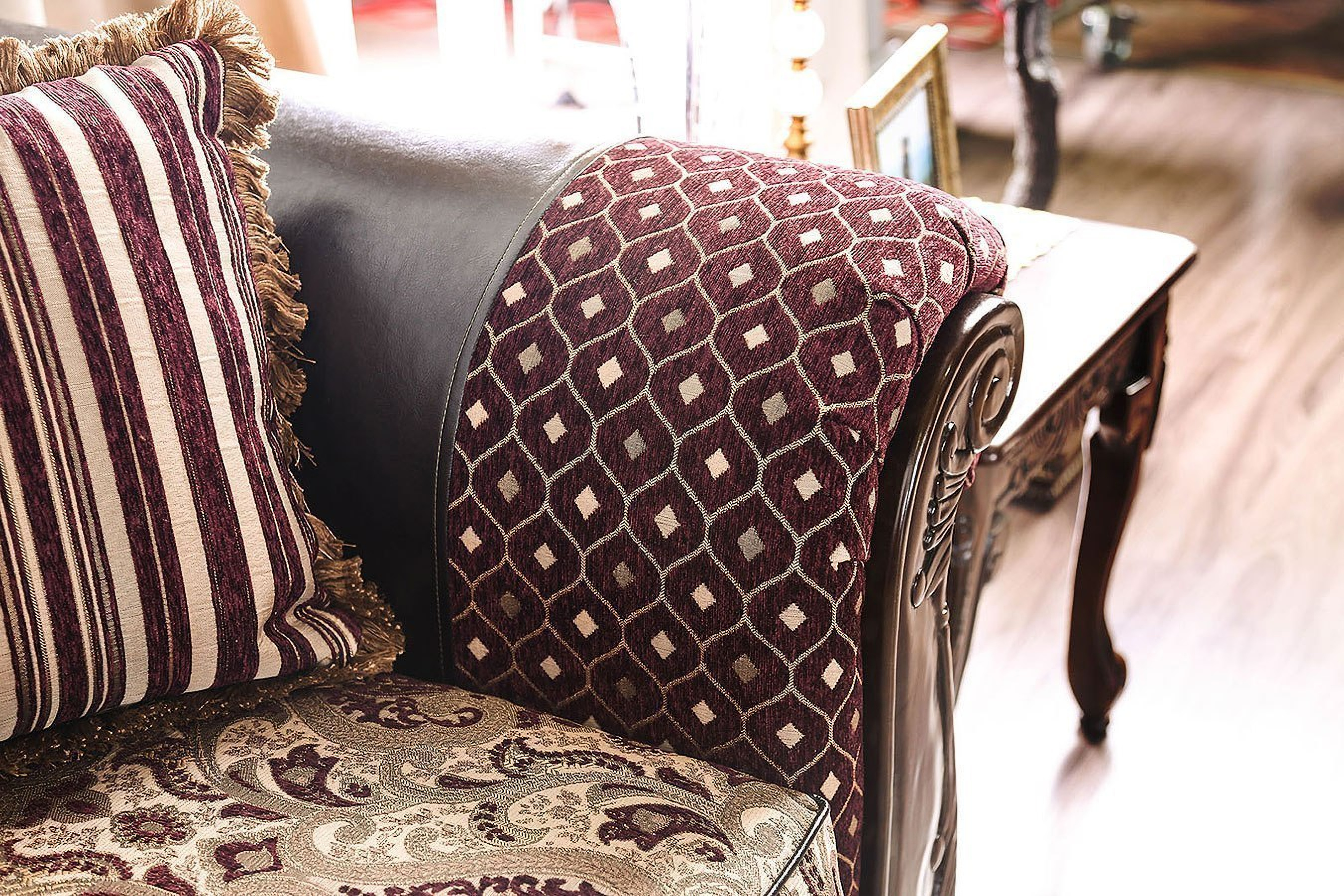 Quirino Living Room Set Burgundy Dark Brown 1stopbedrooms