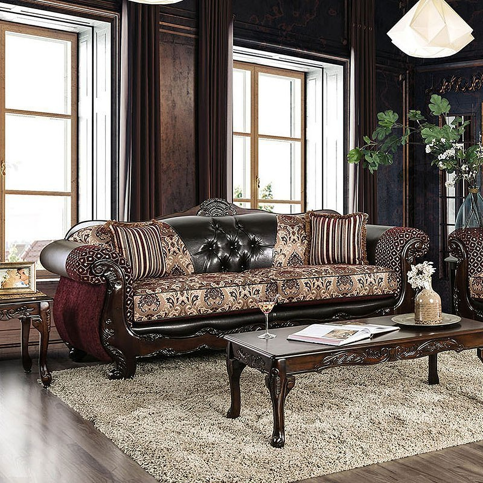 Quirino Living Room Set Burgundy Dark Brown 1stopbedrooms