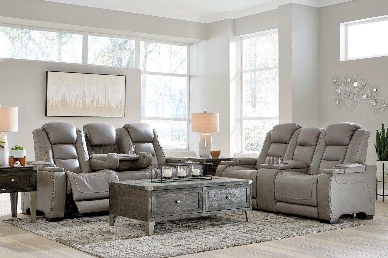 The Man Den Gray Leather Power Reclining Living Room Set With