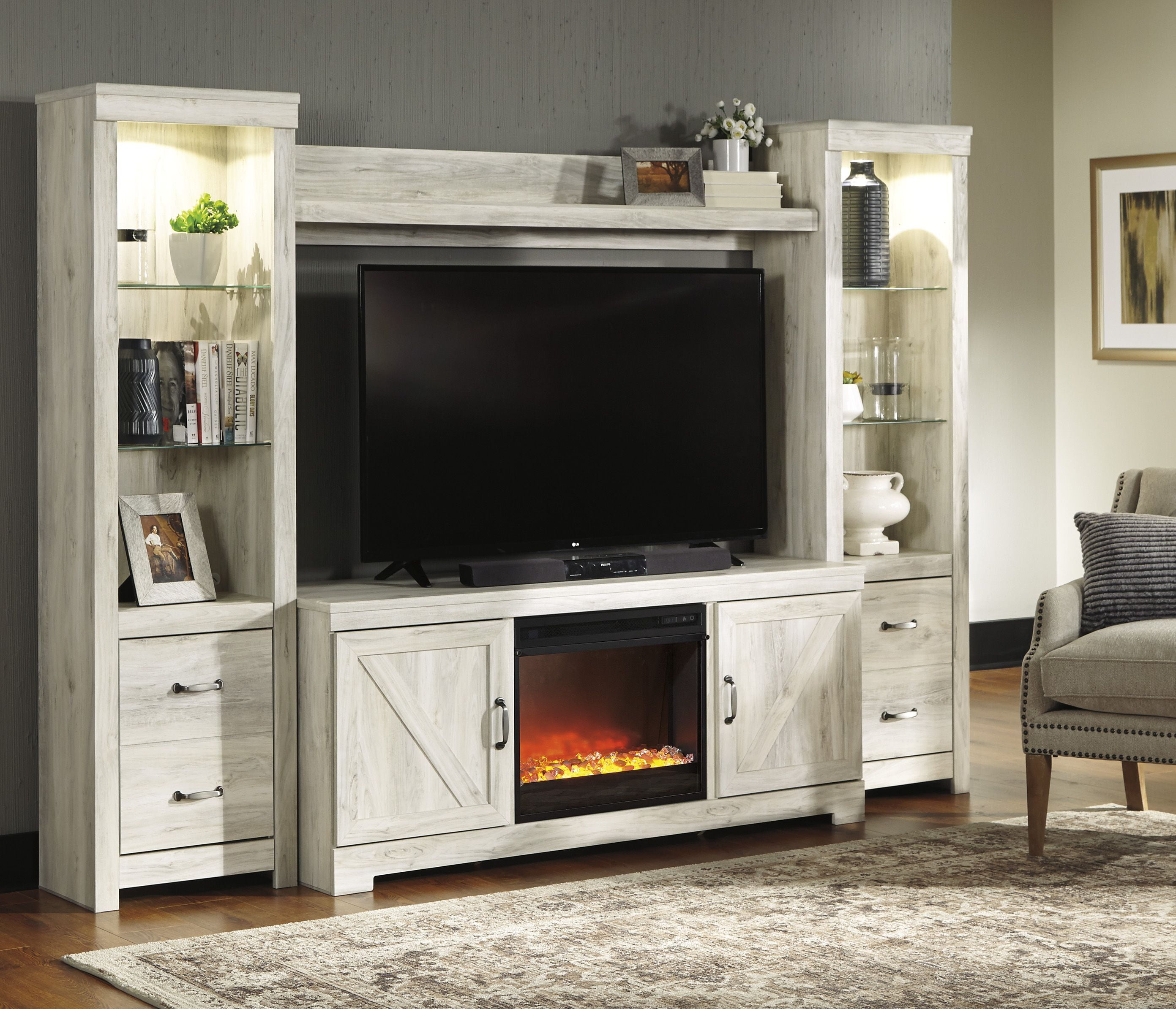 Bellaby Whitewash 4 Piece Entertainment Wall Unit With Glass Fireplace