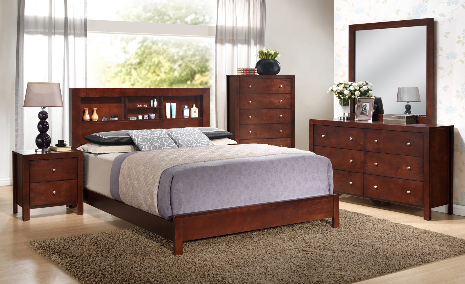 Glory Furniture G2400 Bookcase Headboard Bedroom Set In Cherry Glory Furniture G2400 Bookcase