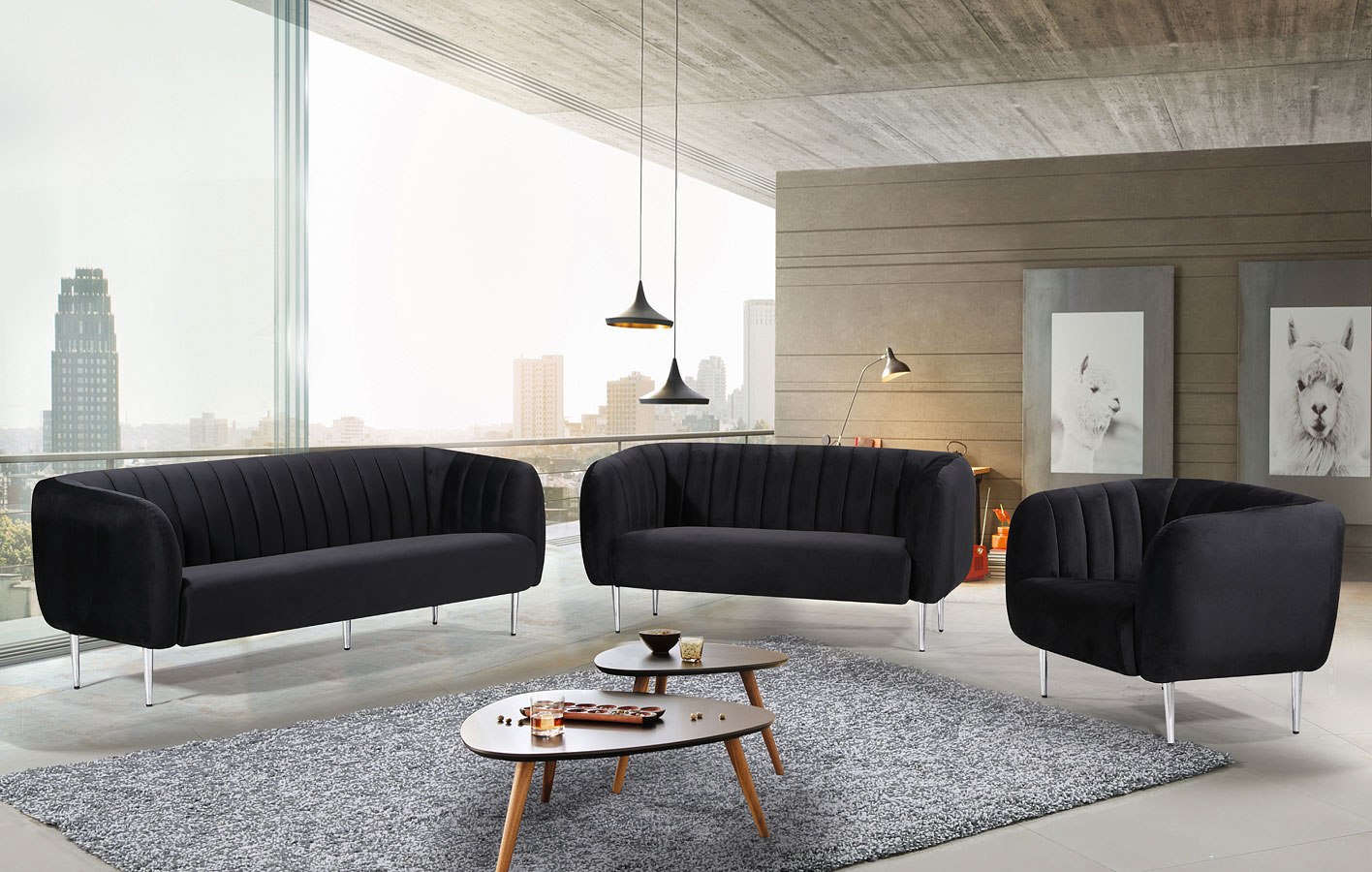 Willow Velvet Living Room Set Black 1stopbedrooms