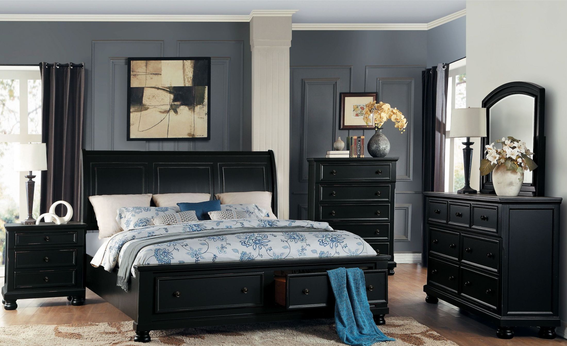For online orders over $448. laurelin black sleigh storage bedroom set by homelegance