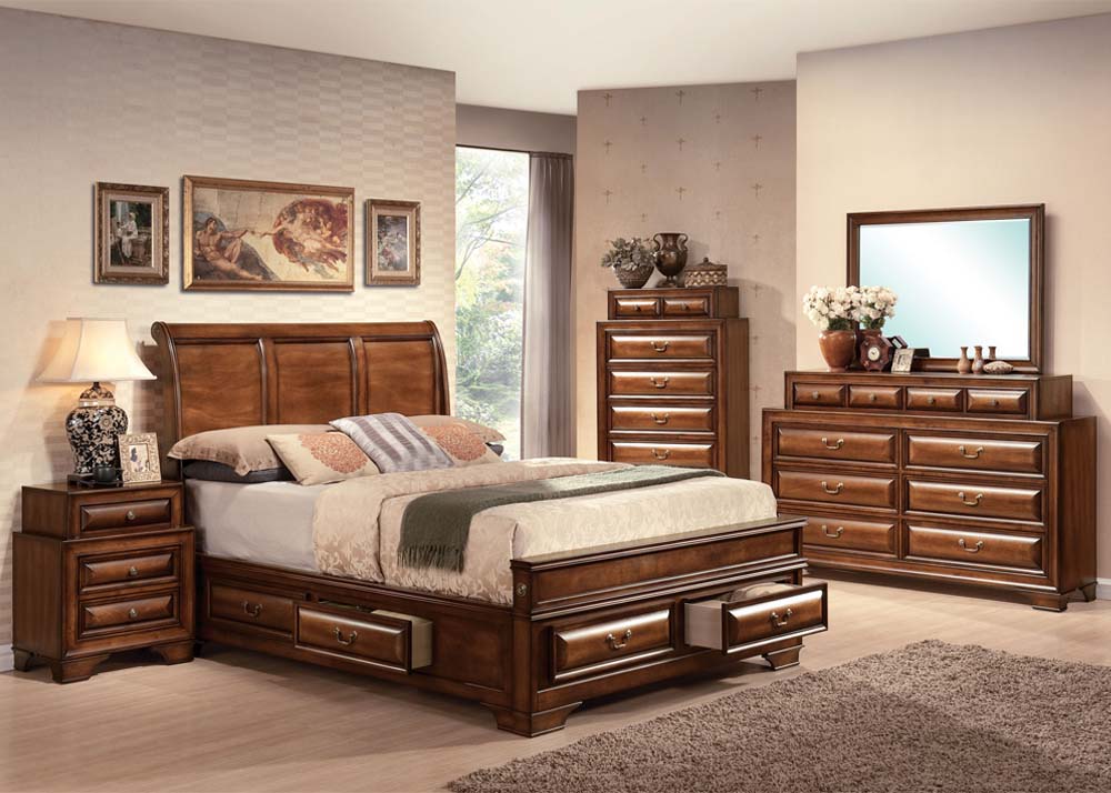 Acme Konane Sleigh Bedroom Set With Underbed Storage In Brown Cherry 1stopbedrooms