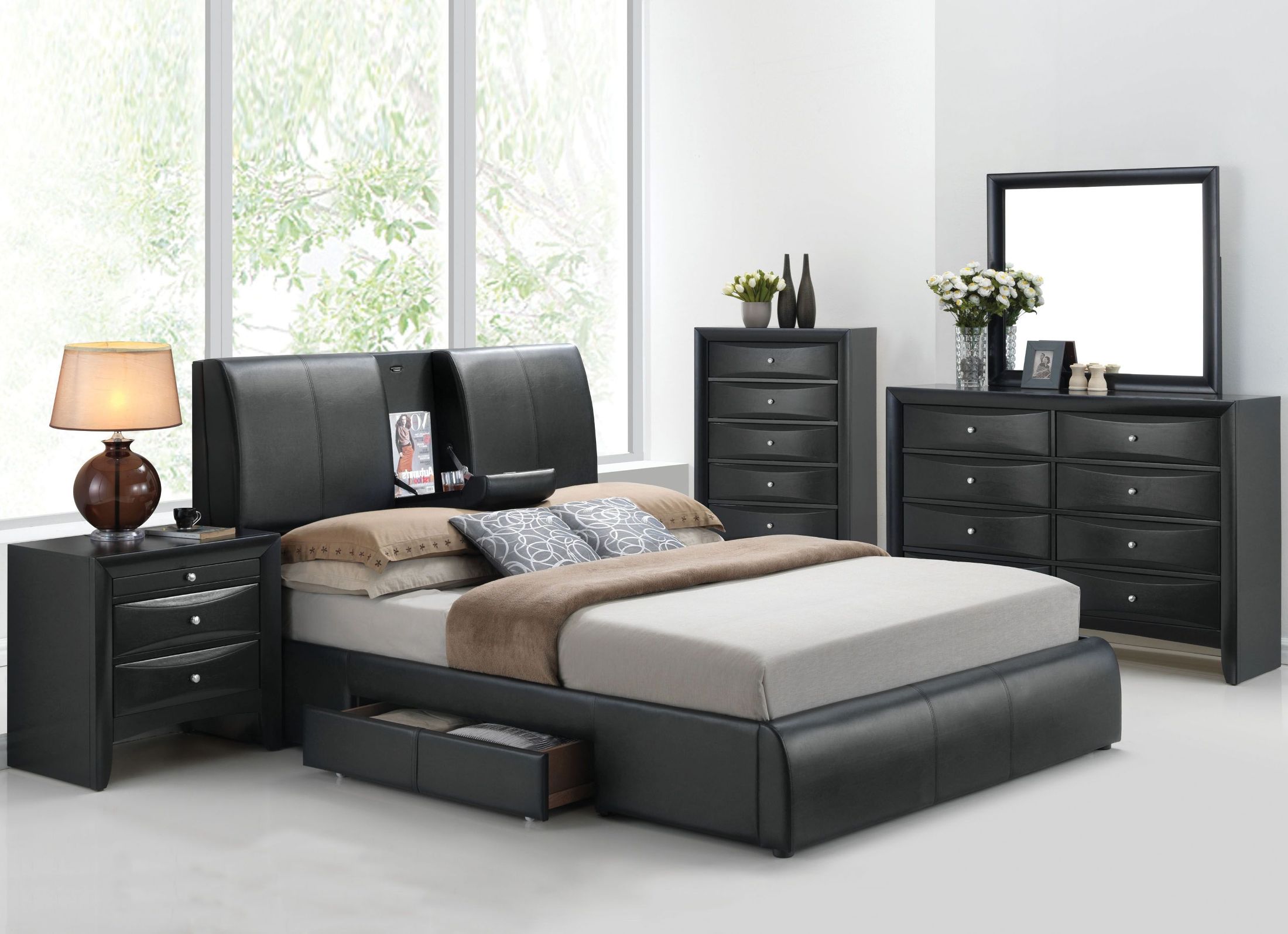 Kofi Black Upholstered Platform Storage Bedroom Set 1stopbedrooms