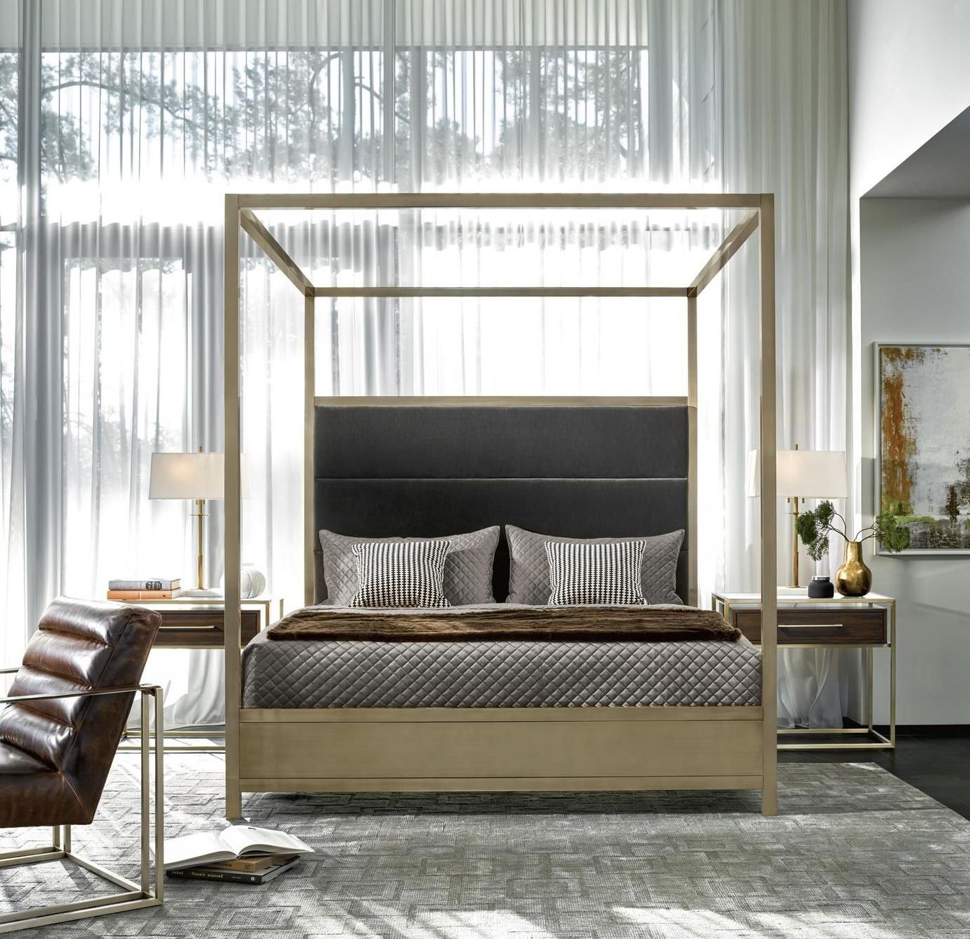 Modern Harlow Gold And Gray King Poster Bedroom Set 1stopbedrooms Bedroom set are made from extra strong and robust materials that ensure longevity and long lifespans. modern harlow gold and gray king poster bedroom set by universal