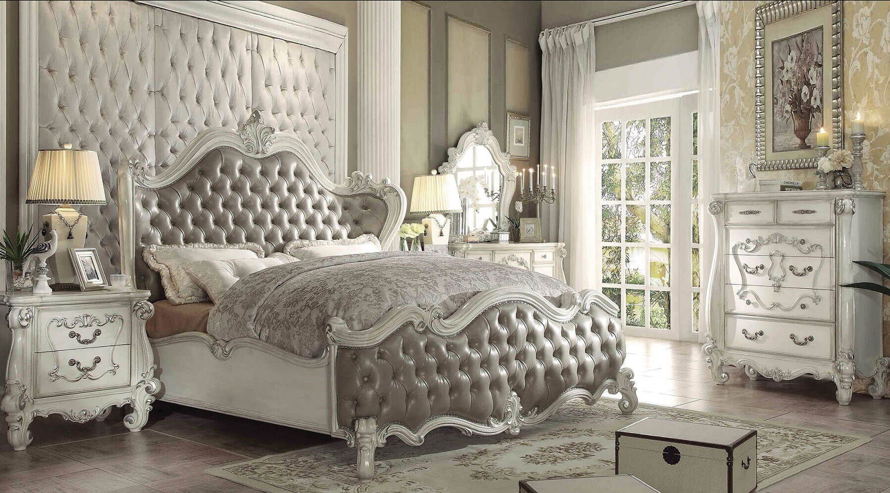 I painted the set with paris grey chalk paint with old white on the trim. acme versailles upholstered bedroom set in vintage gray pu and bone white by acme