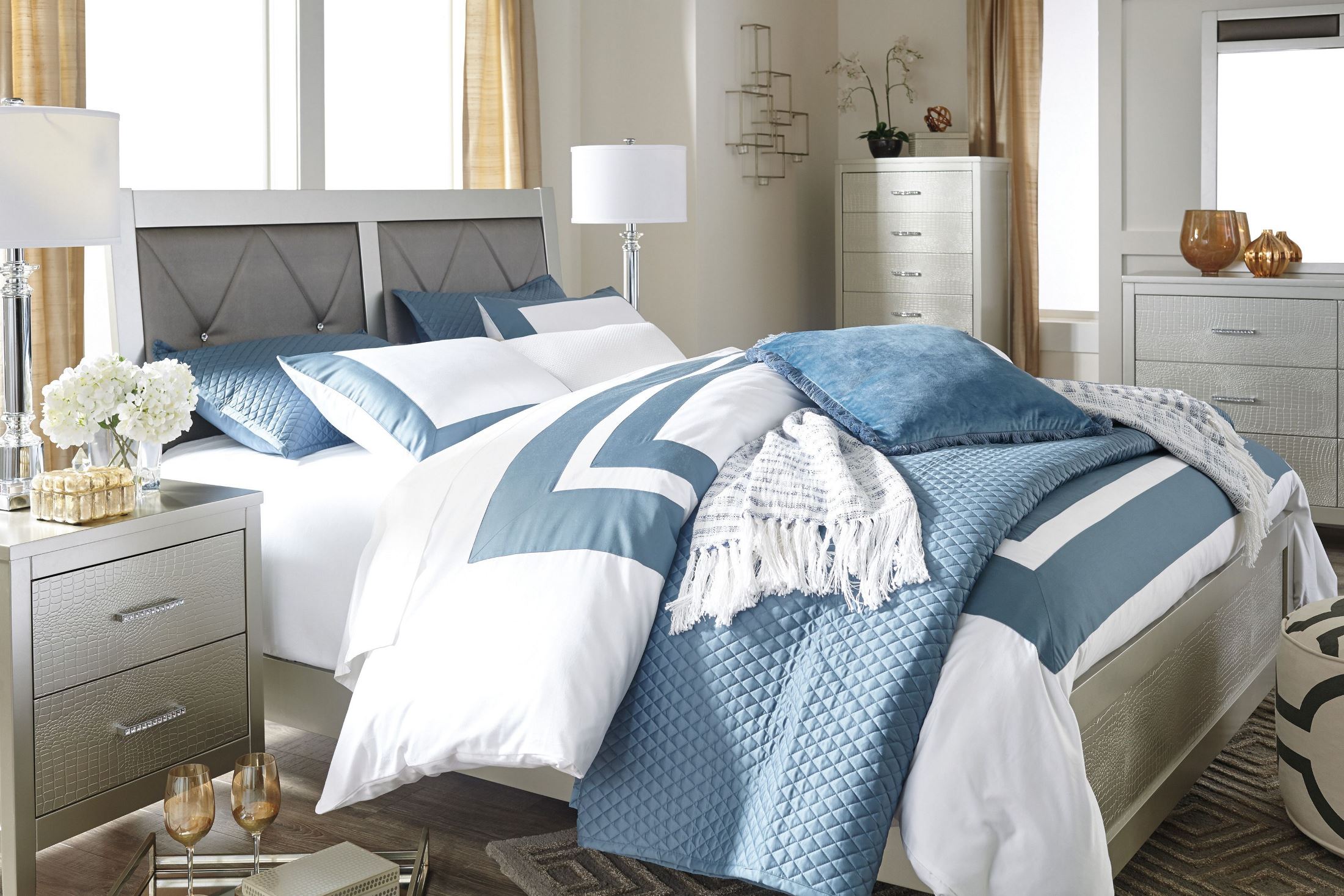 Olivet Silver Upholstered Panel Bedroom Set - 1StopBedrooms.