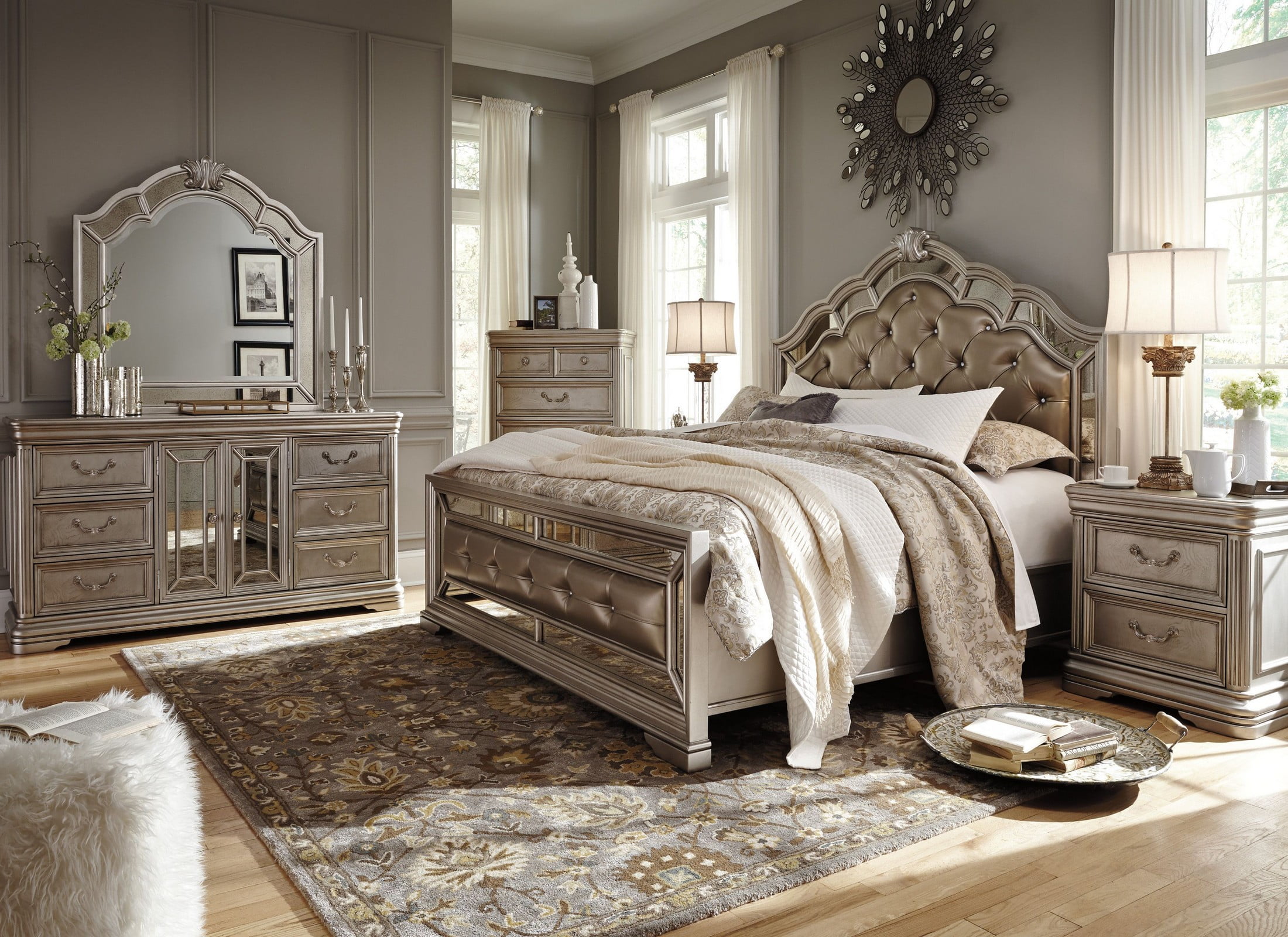 Birlanny Silver Upholstered 4 Piece Panel Bedroom Set ...