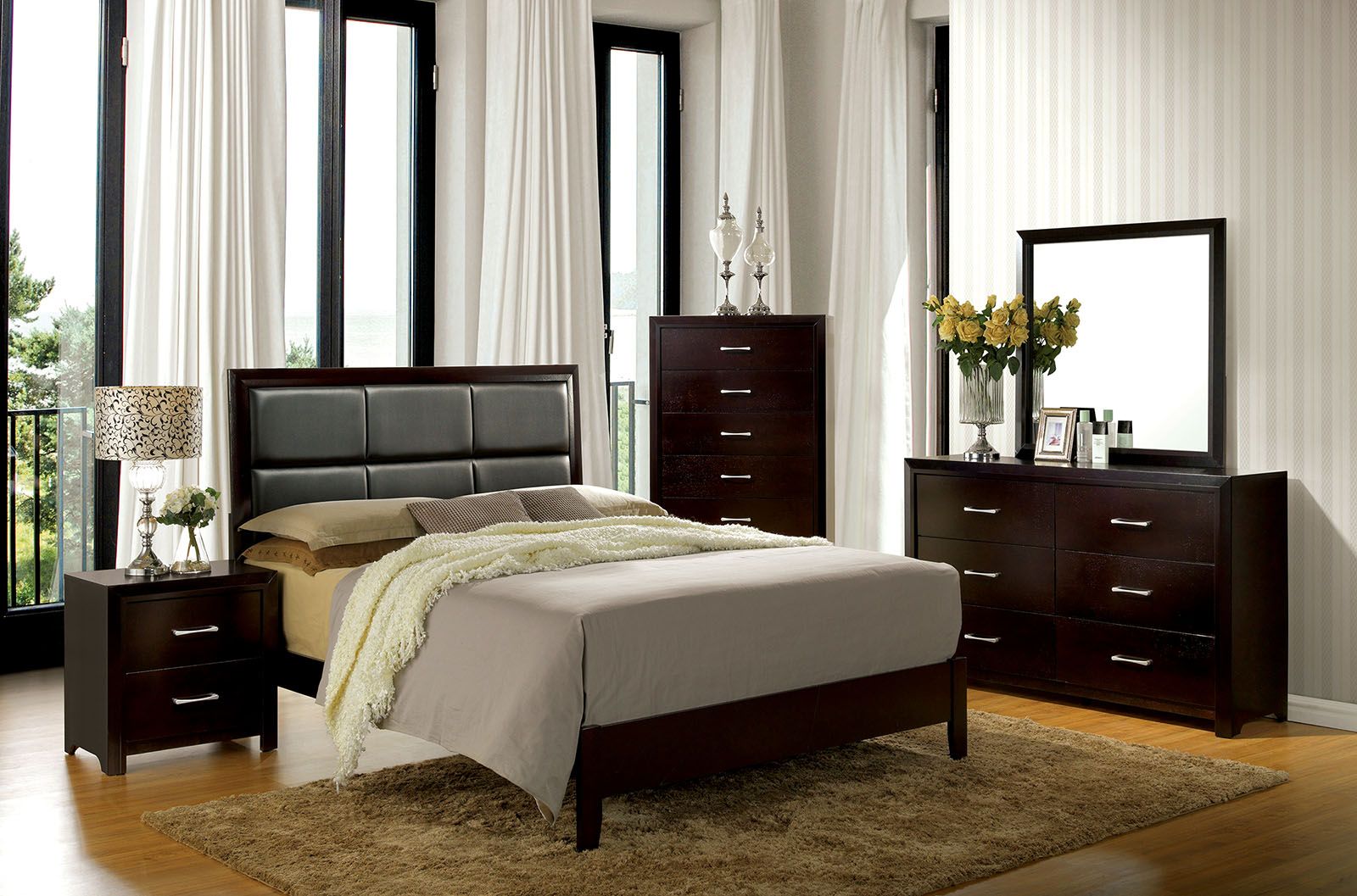 Janine Espresso Upholstered Platform Bedroom Set 1stopbedrooms