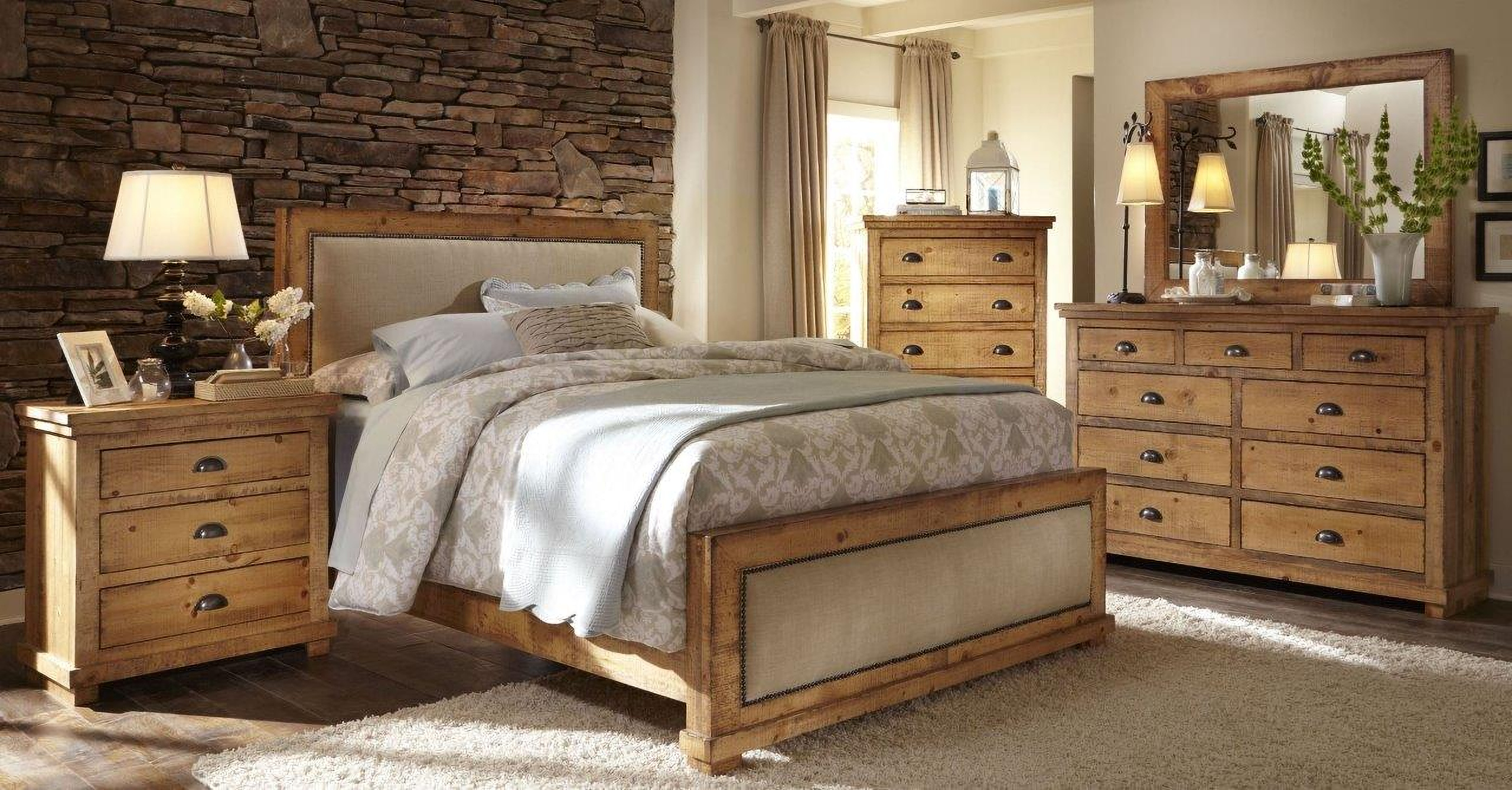 Willow Distressed Pine Upholstered Bedroom Set ...