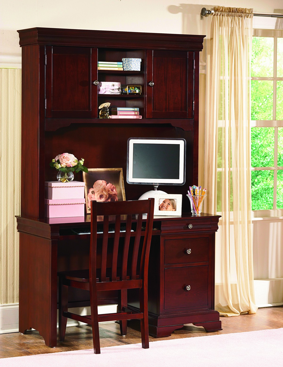 New Classic Versaille Youth Desk And Hutch In Bordeaux Finish Closeout