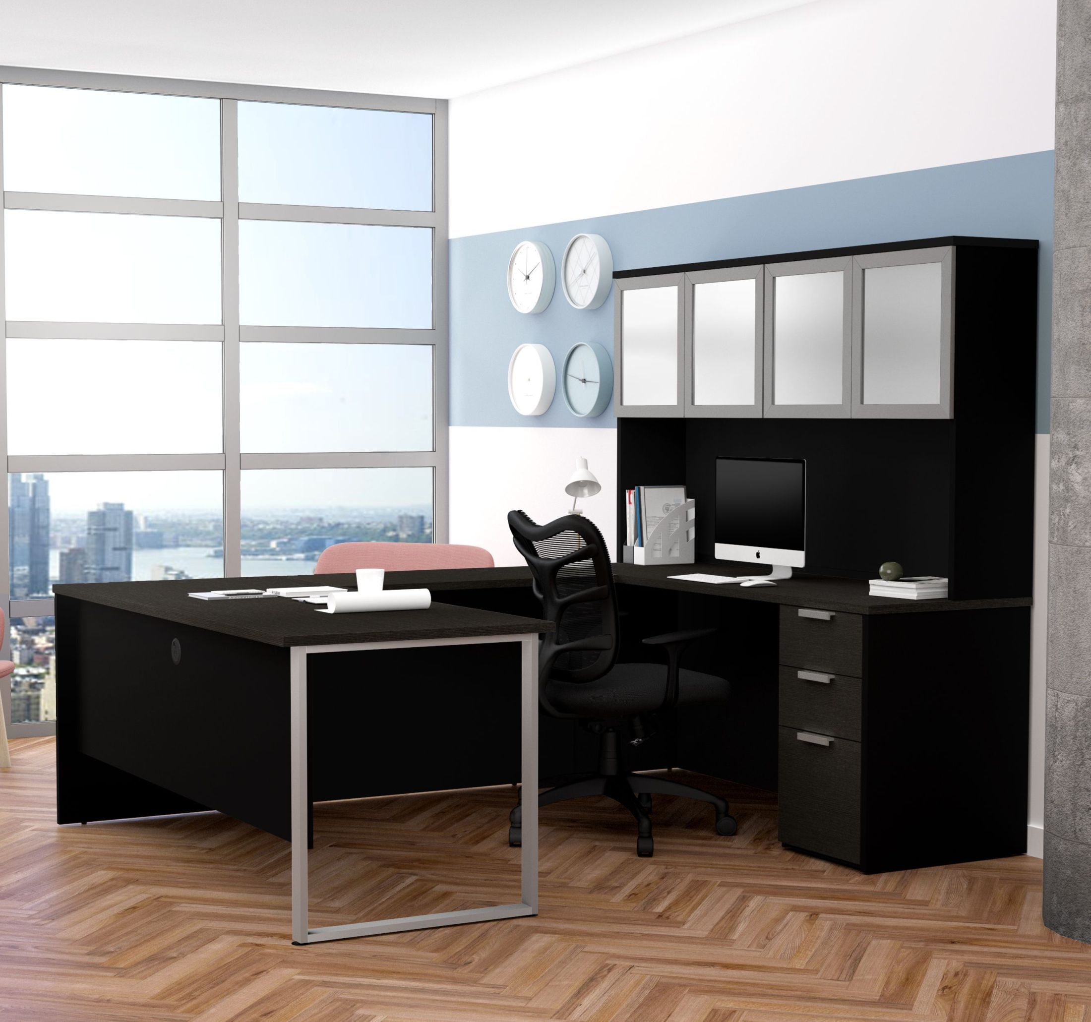 Bestar Pro Concept Plus Deep Grey And Black U Desk With Frosted Pro Concept Plus Deep Grey And Black U Desk With Frosted Glass Hutch Main Image