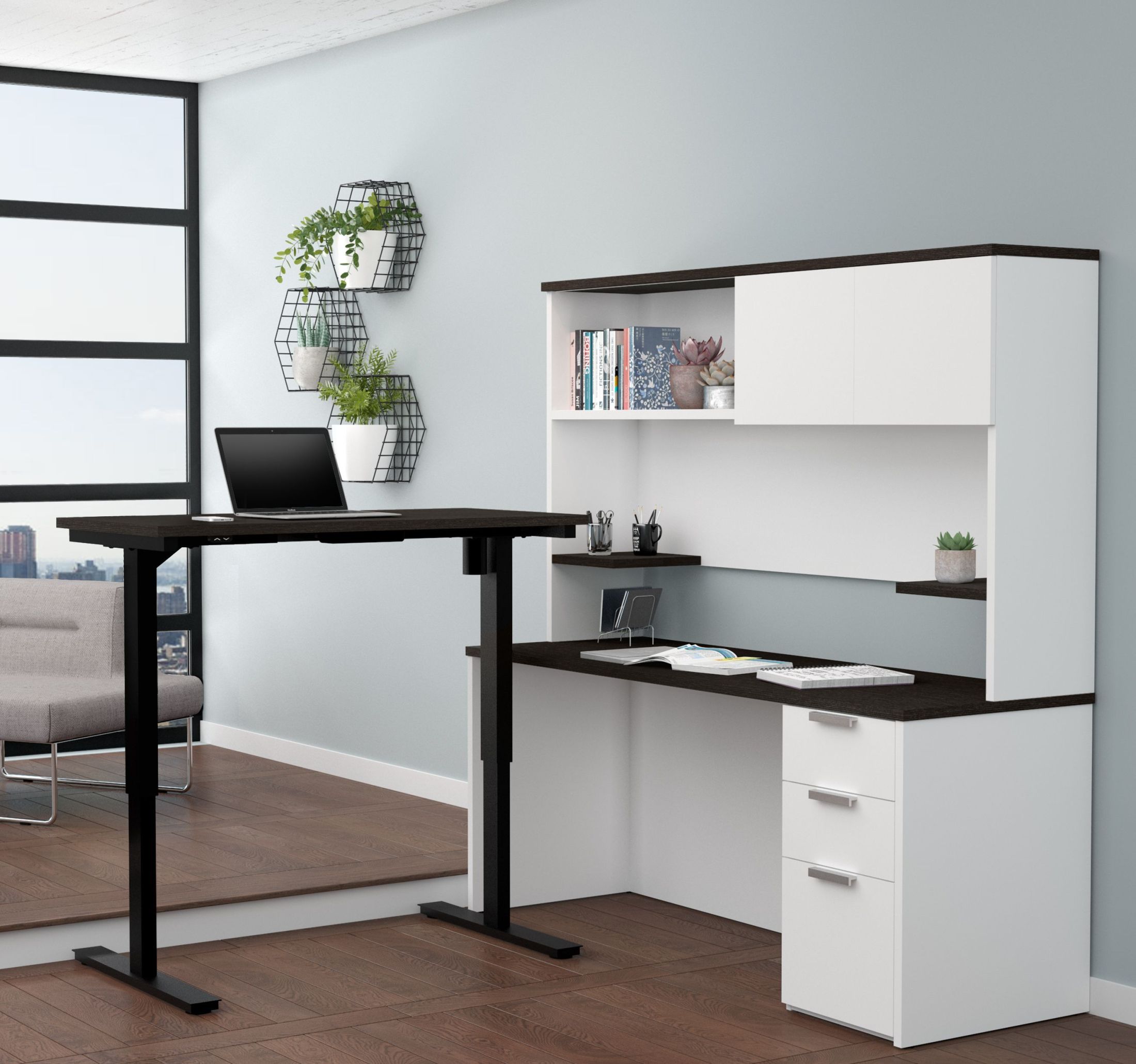 Pro Concept Plus White And Deep Grey Adjule Height L Desk With Hutch