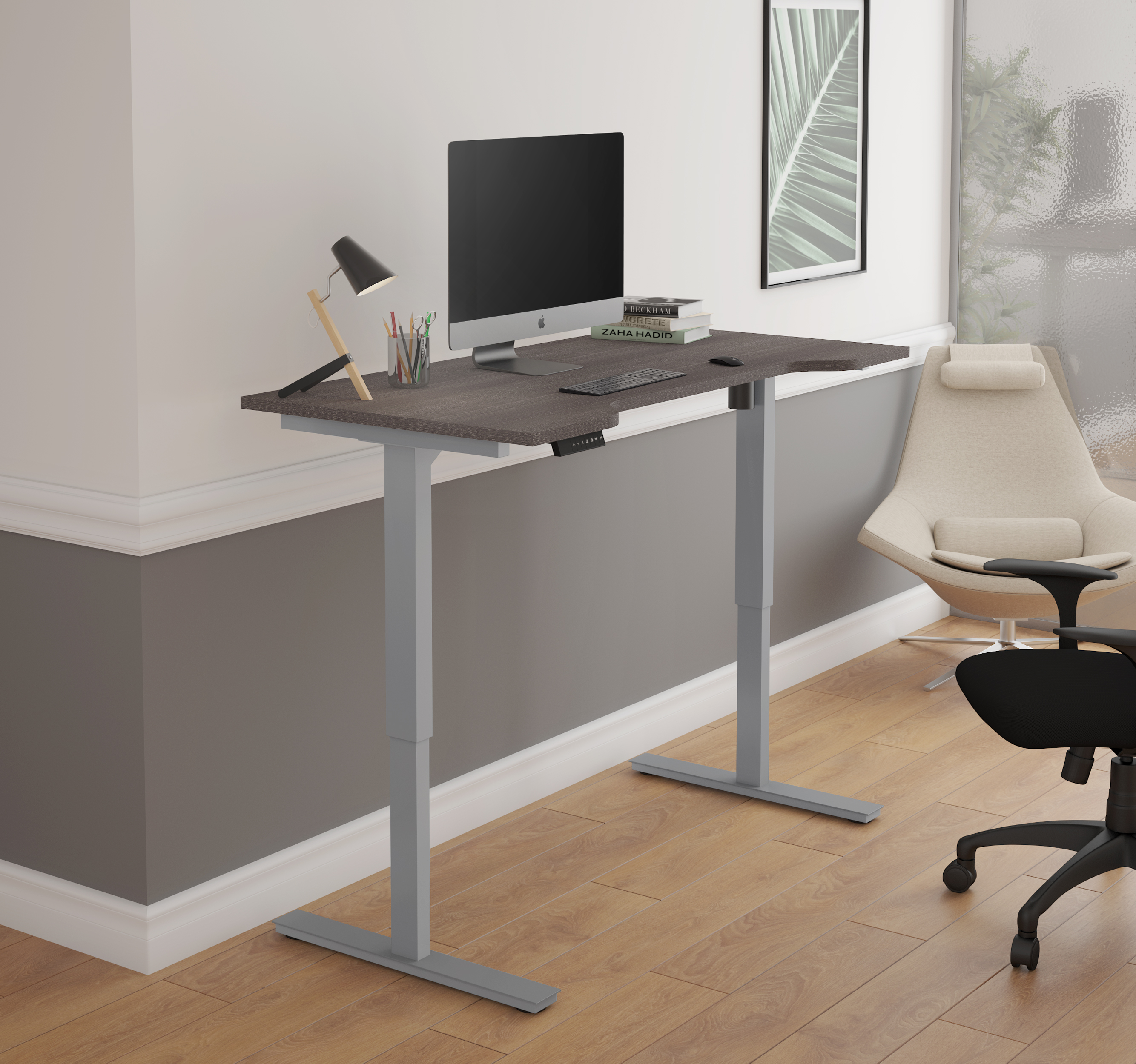 Bestar 30 X 60 Curved Electric Height Adjule Table In Bark Gray