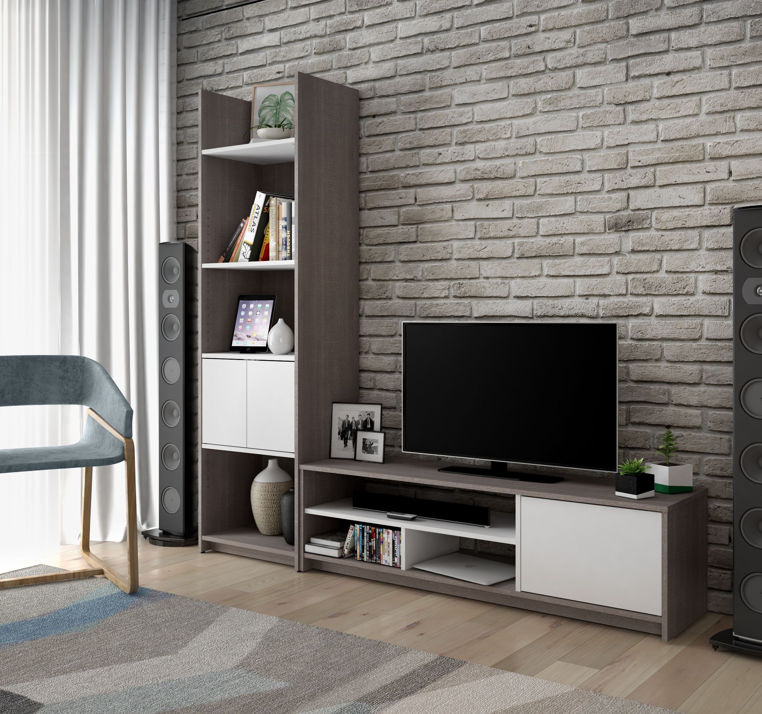 Small Space Bark Gray And White Tv Stand With Storage Tower