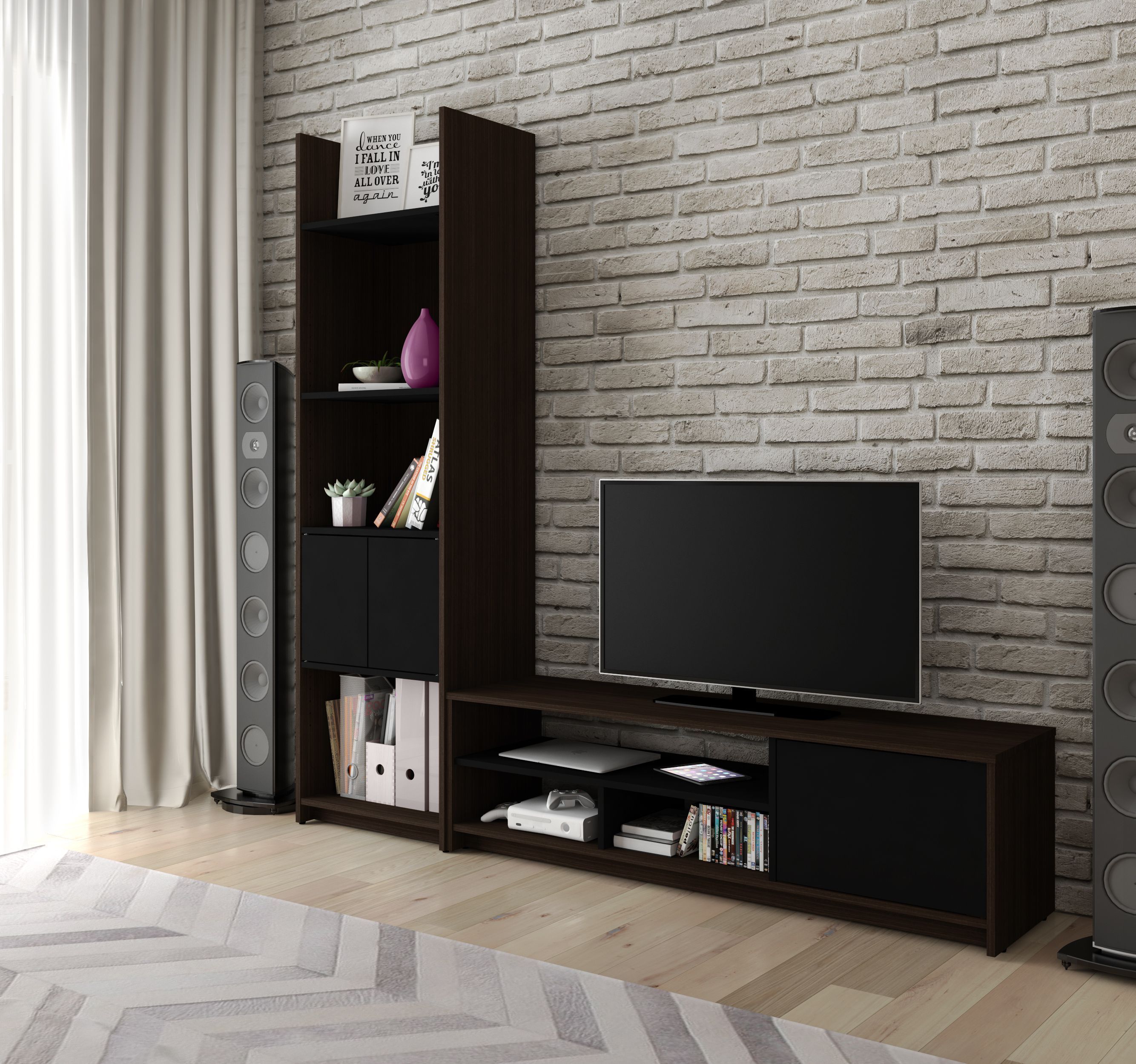 Bestar Small E Dark Chocolate And Black Tv Stand With Storage Small E Dark Chocolate And Black Tv Stand With Storage Tower Main Image