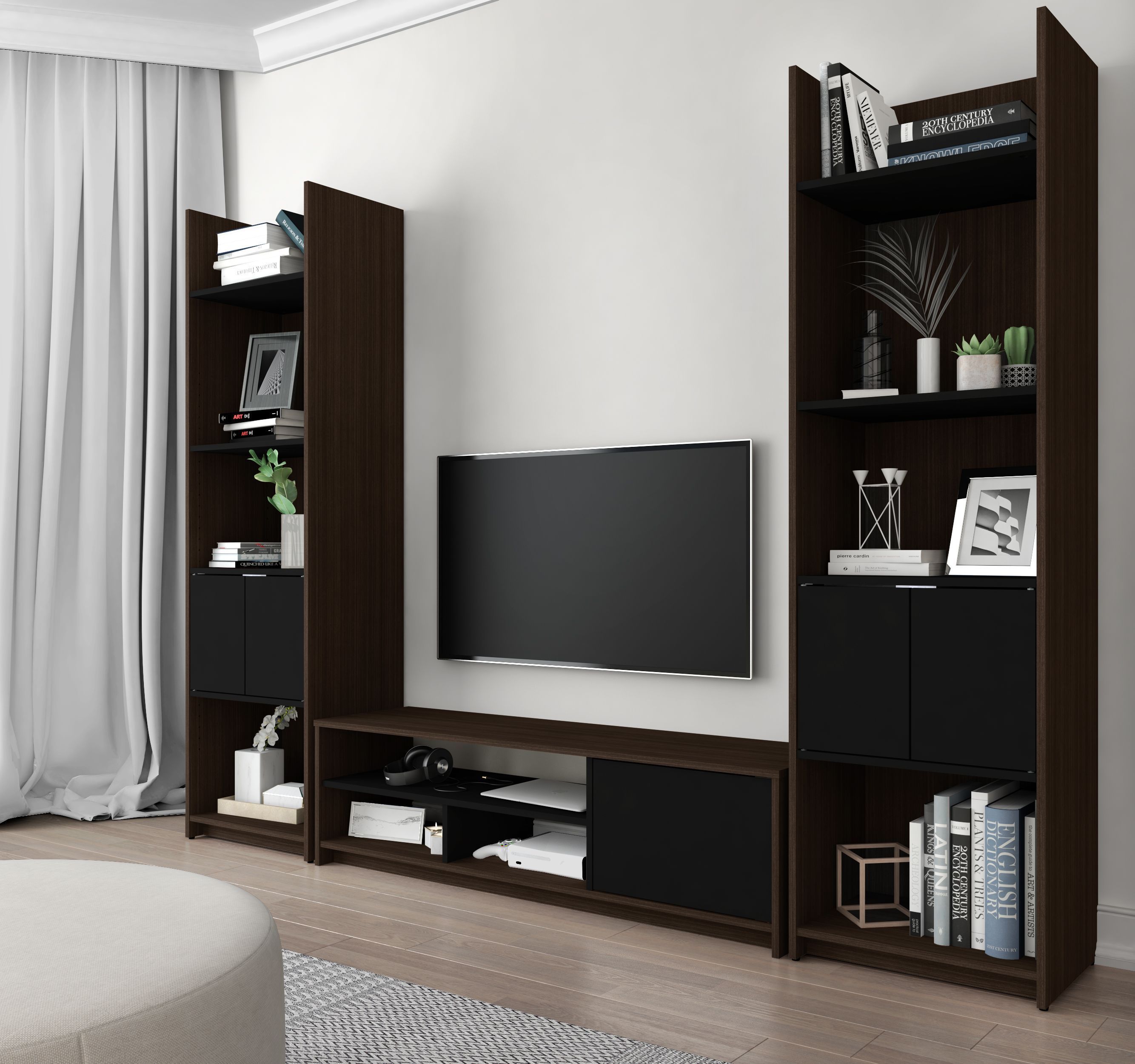 Bestar Small E Dark Chocolate And Black Tv Stand With 2 Storage Small E Dark Chocolate And Black Tv Stand With 2 Storage Towers Main Image