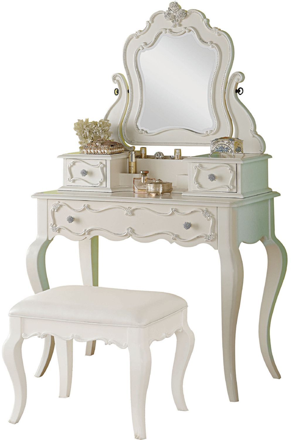Edalene Pearl White Vanity Desk With Hutch And Mirror