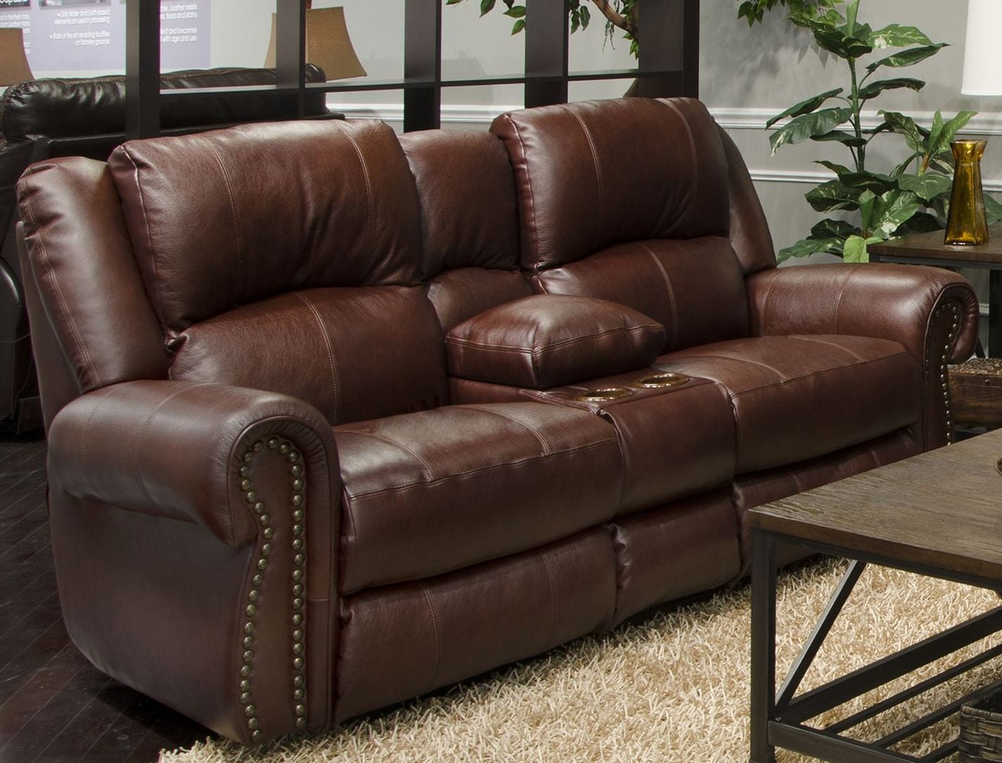 Messina Walnut Leather Lay Flat Power Reclining Console Loveseat With Lumbar Support
