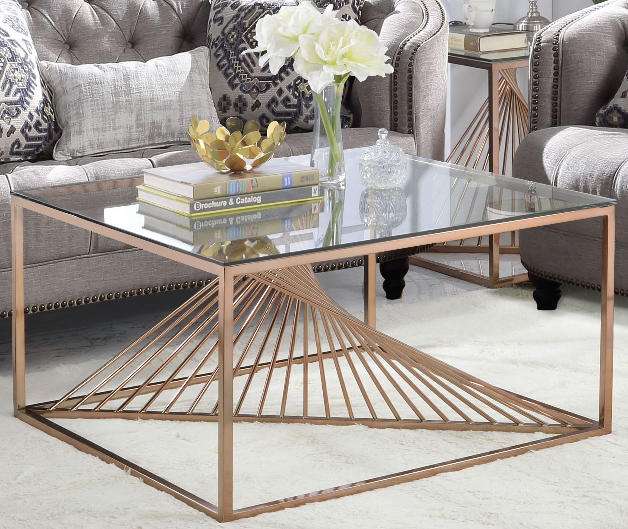 Tralen Brushed Copper And Clear Glass Coffee Table - Copper Coffee Table Tralen Brushed Copper And Clear Glass Coffee Table - Copper Coffee Table