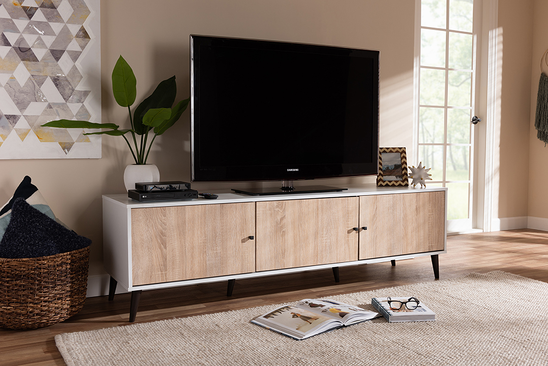 Baxton Studio Bastien Mid Century Modern White And Light Oak 6 Shelf Tv Stand